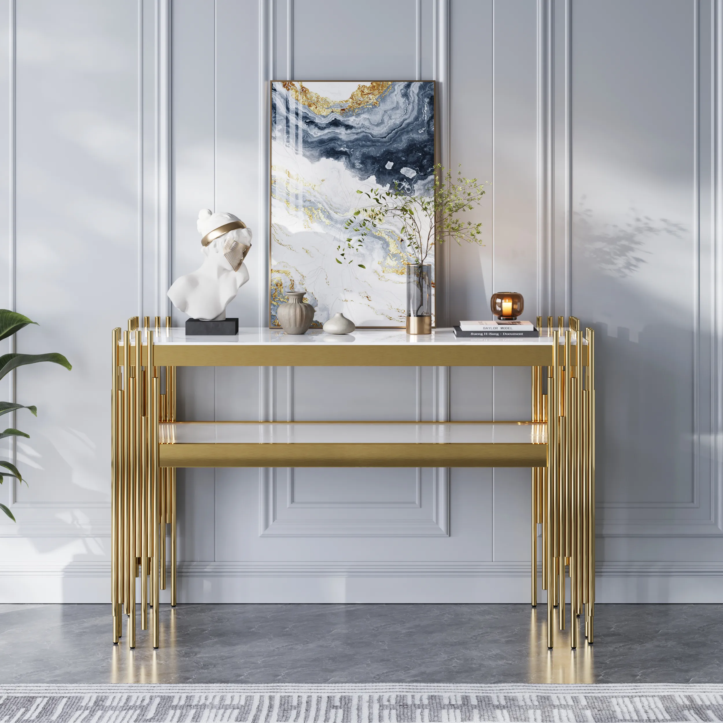 Narrow Console Table with Storage Shelf - White, Faux Marble