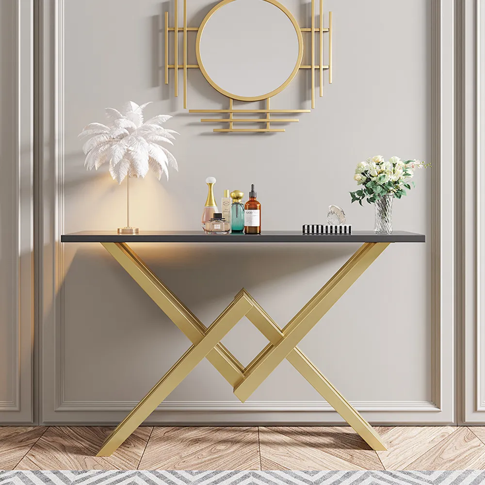Narrow Console Table with Trestle Base - Black & Gold, Pine Wood image