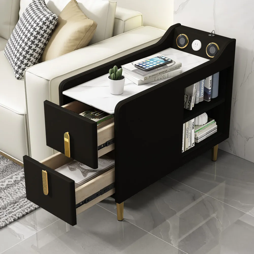 Narrow Side Table with Speaker & USB Port - Black, Sintered Stone image