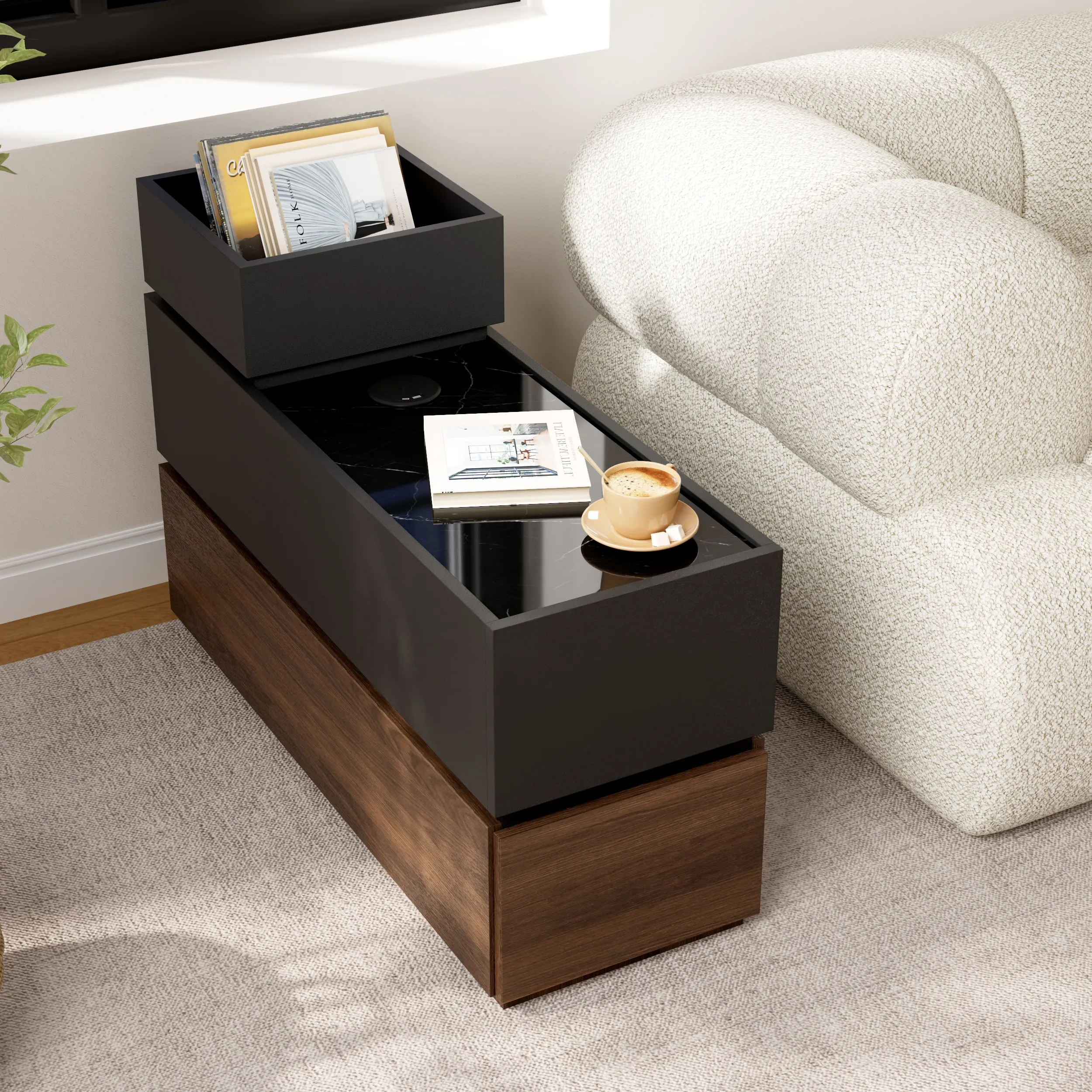Narrow Side Table with Storage and USB Charging - Black, Walnut