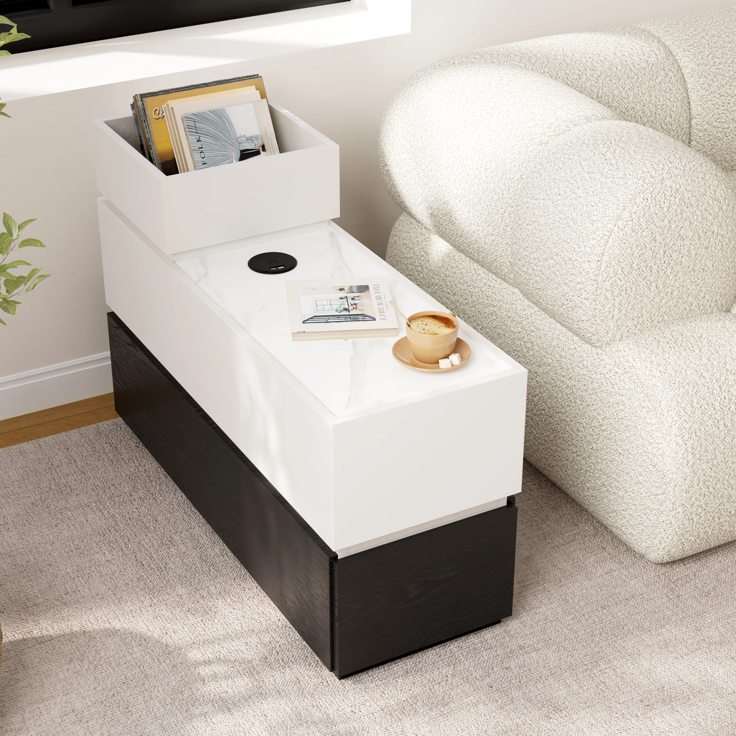 Narrow Side Table with Storage and USB Charging - White, Black