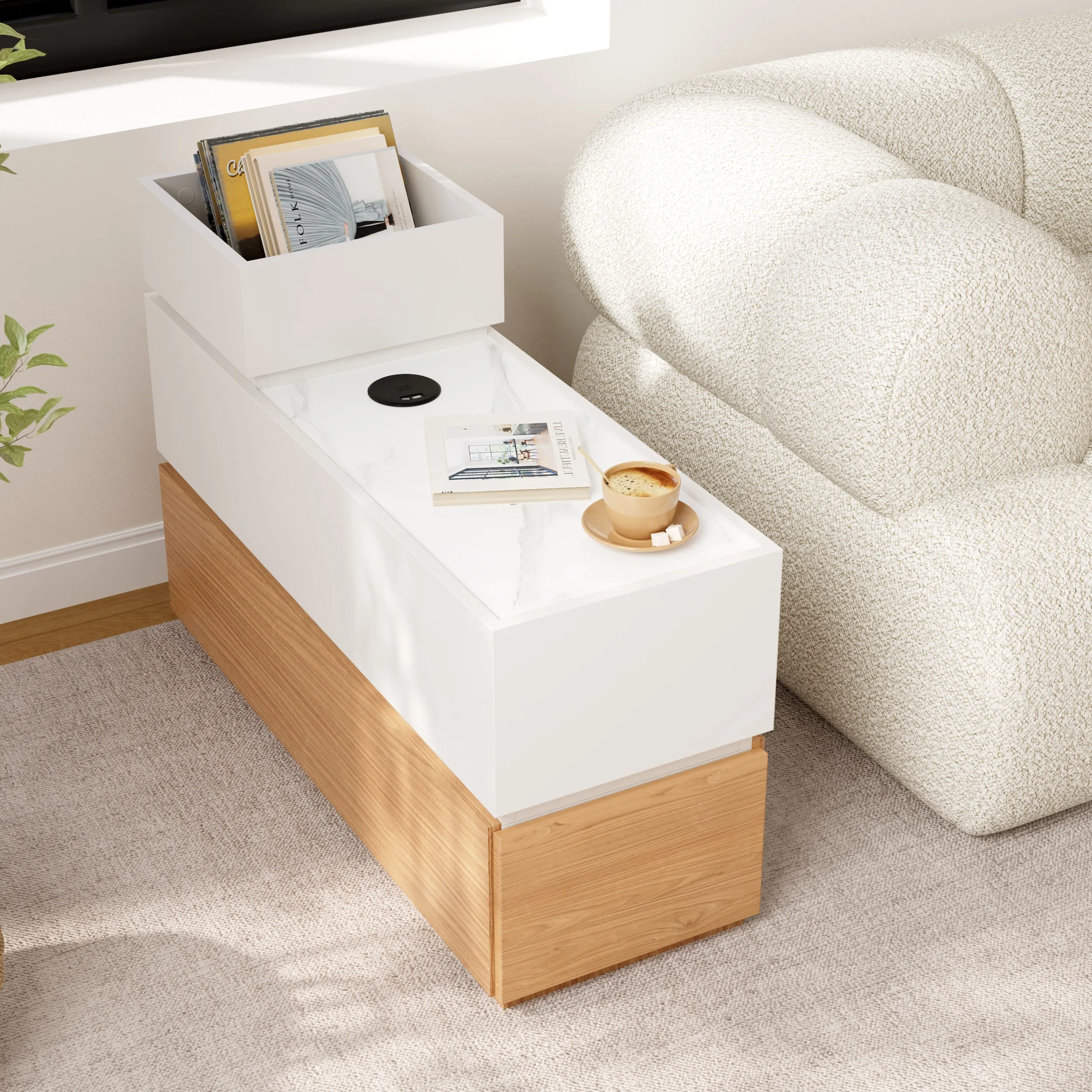 Narrow Side Table with Storage and USB Charging - White, Natural