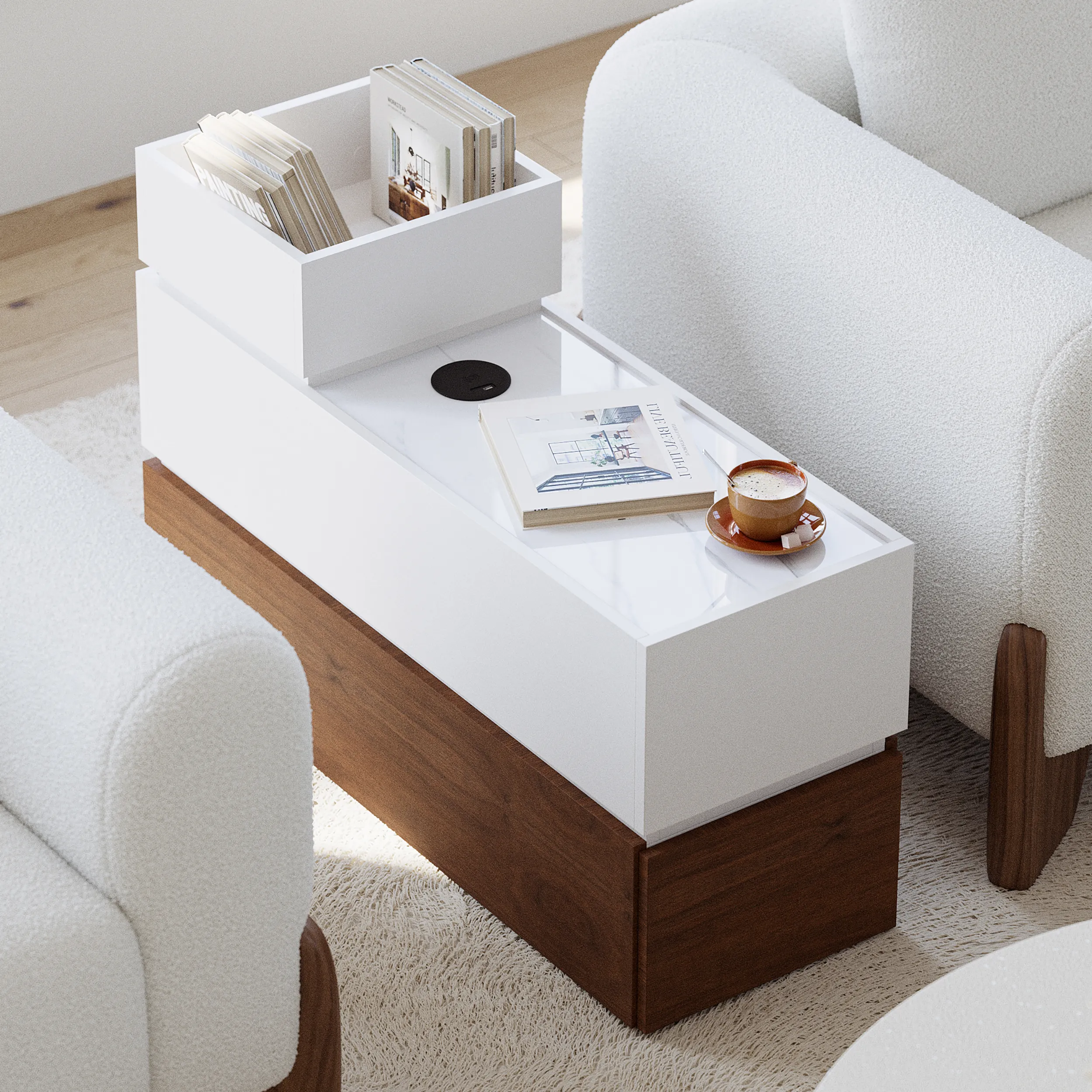 Narrow Side Table with Storage and USB Charging - White, Walnut
