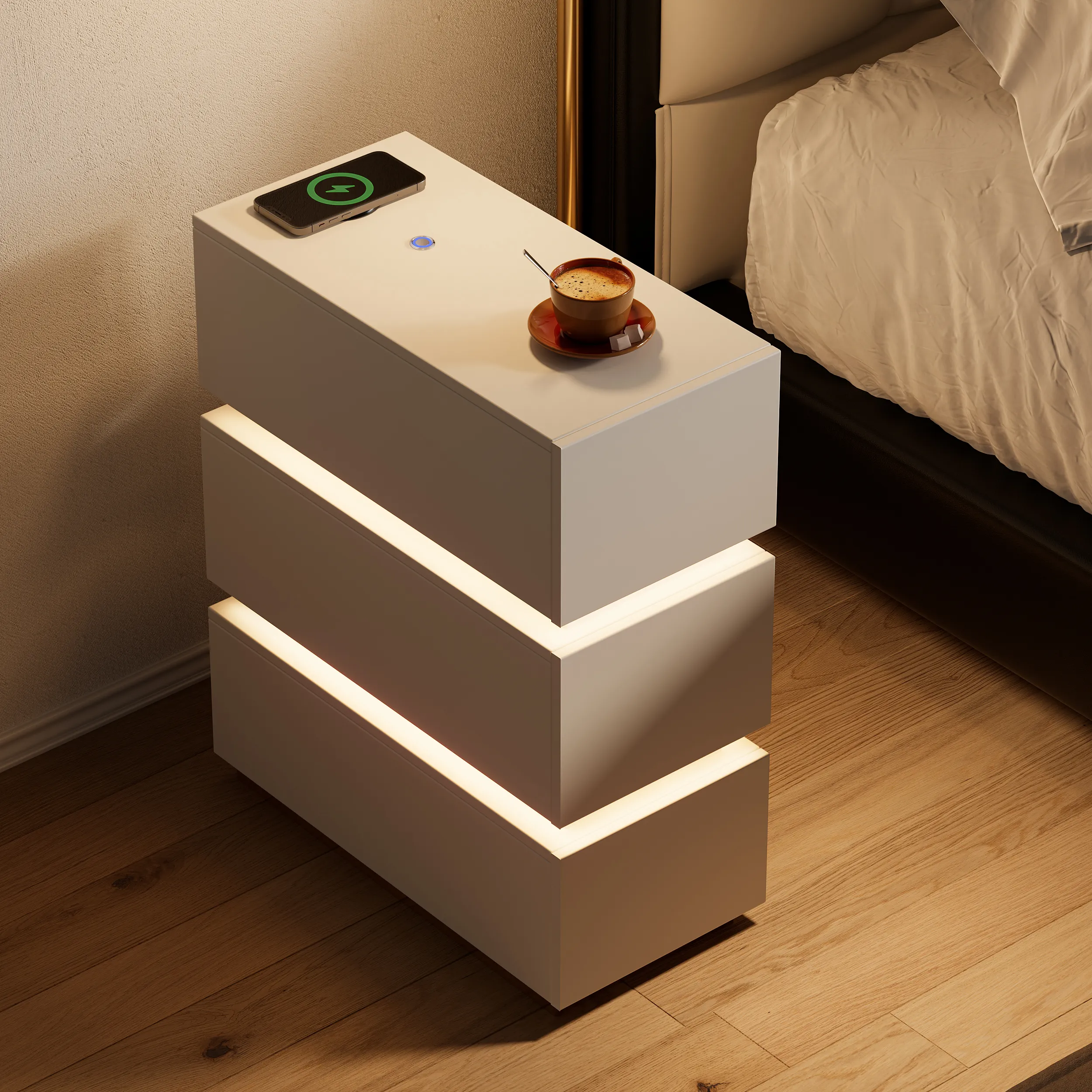 Narrow Smart 3-Drawer Nightstand with Charging Station Set of 2 - White