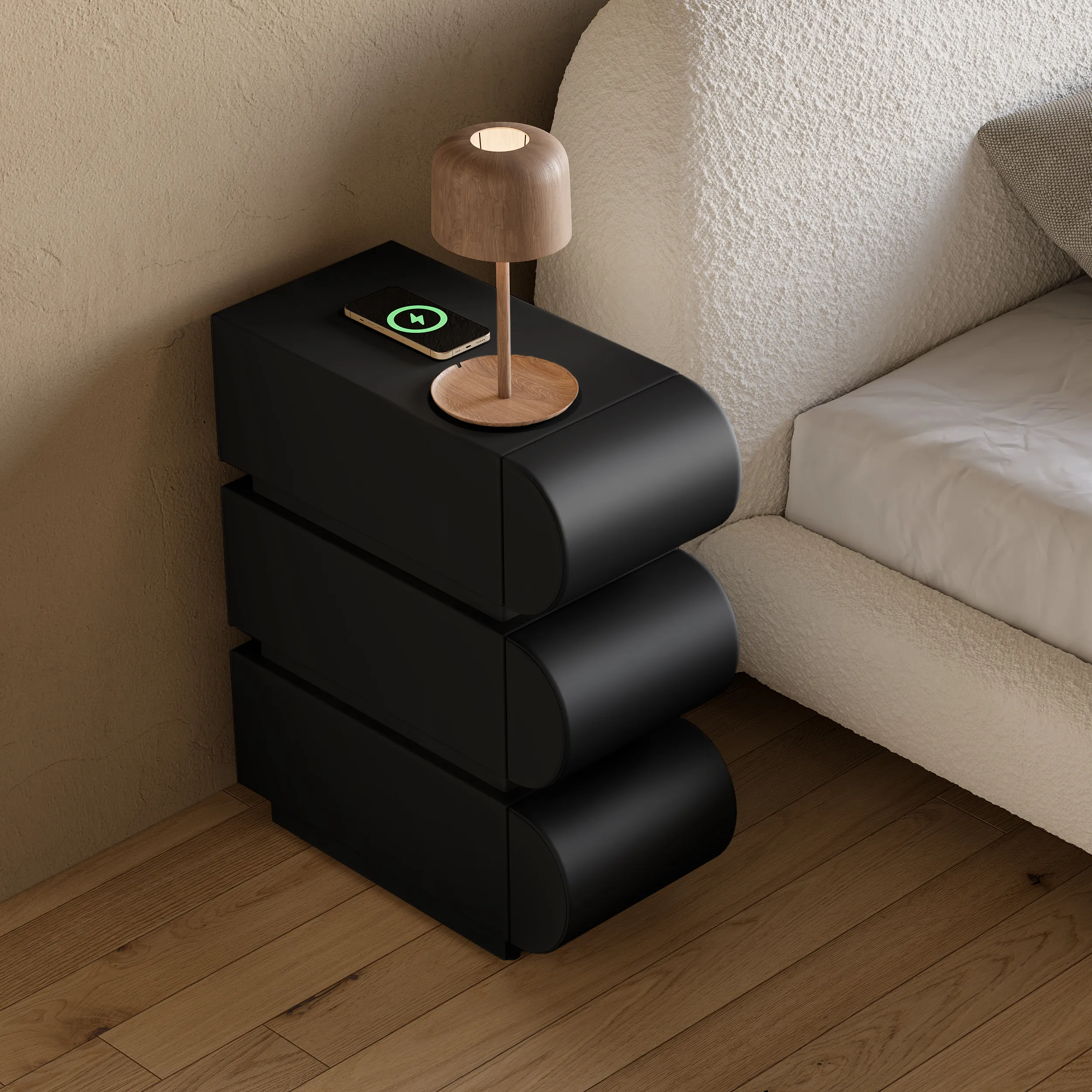 Narrow Smart Nightstand with Wireless Charger - White, Leather