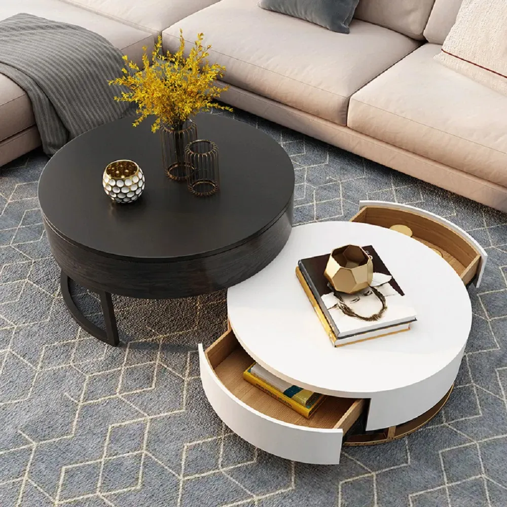 Nesnesis Round Lift-Top Nesting Coffee Table with Drawers - White
