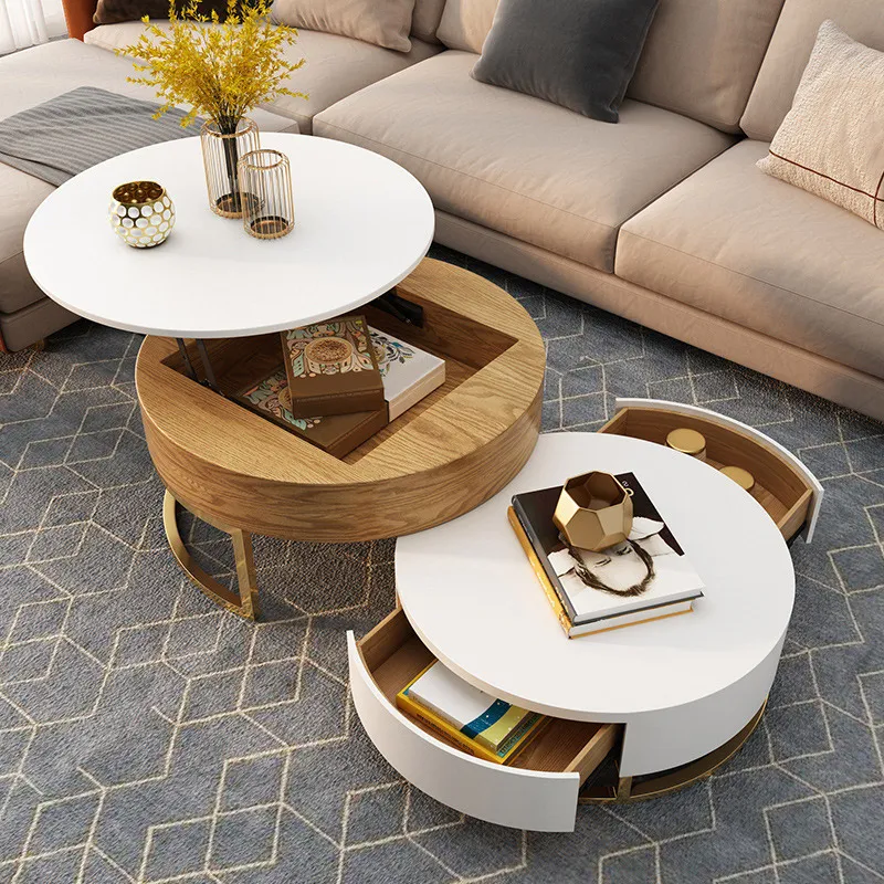 Nesnesis Round Lift-Top Nesting Coffee Tables with Drawers - White image