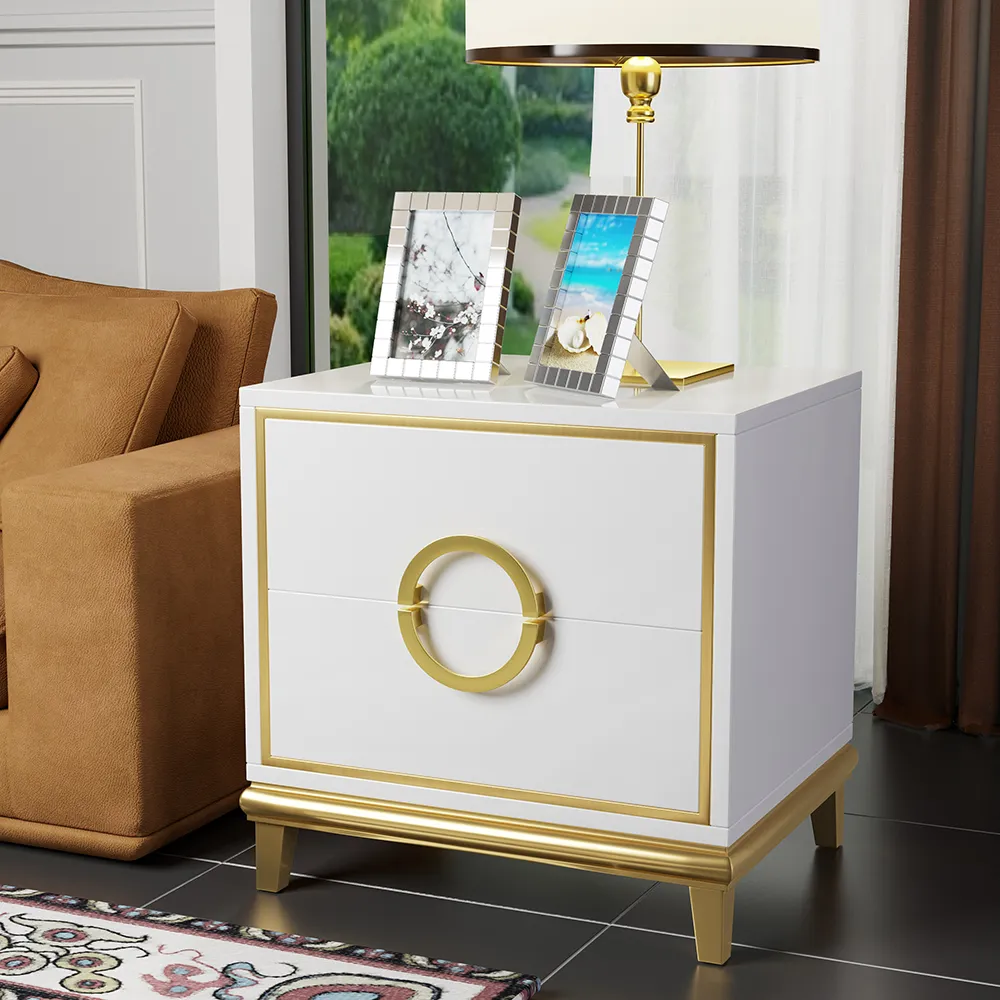 Nightstand Set of 2 with Gold Legs - White