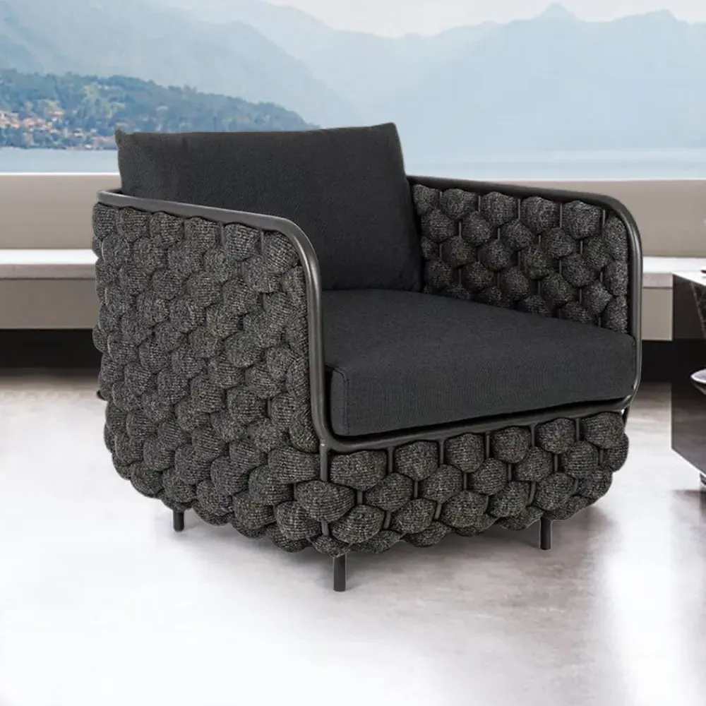 Outdoor Patio Sofa with Cushion - Black, Aluminum & Rope image