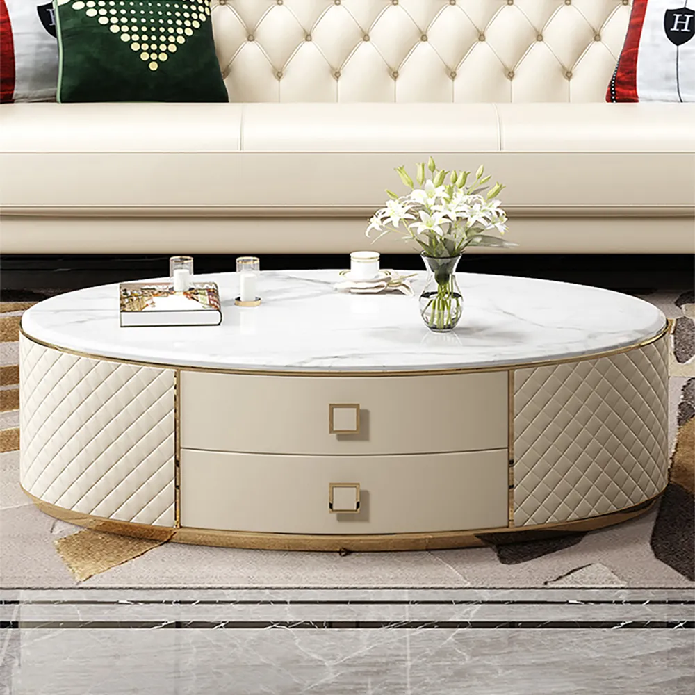 Oval Coffee Table with 2 Drawers - White, Sintered Stone