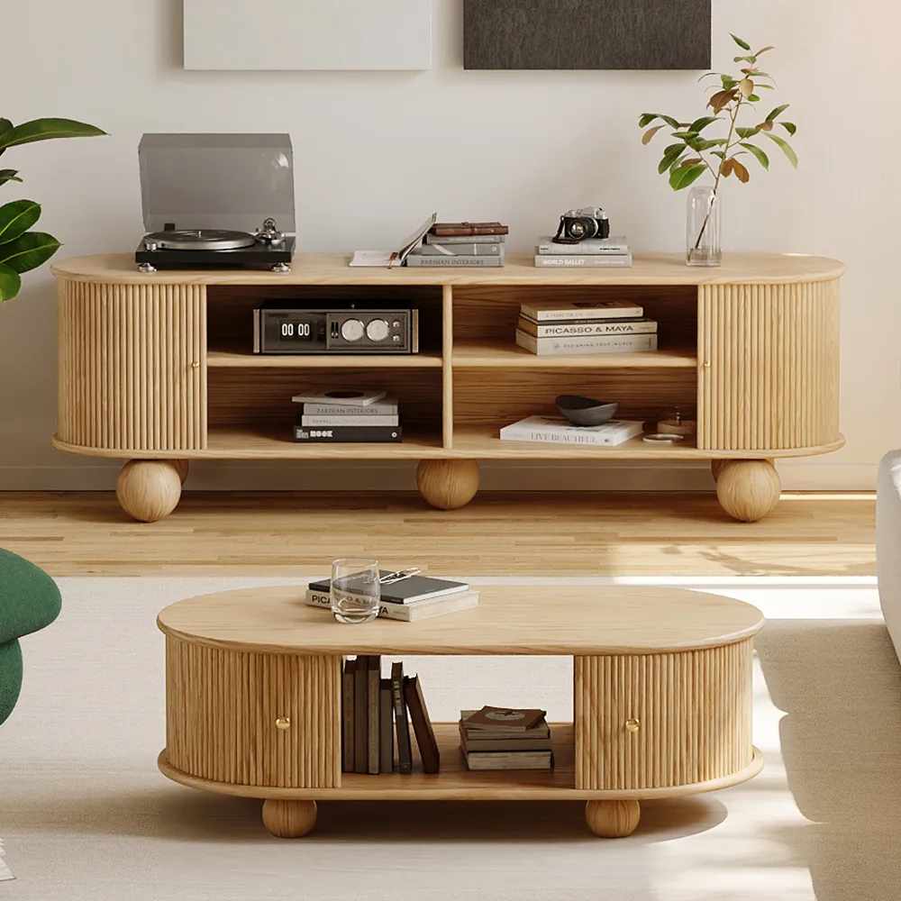 Oval Coffee Table with Storage - Natural, Ash Wood