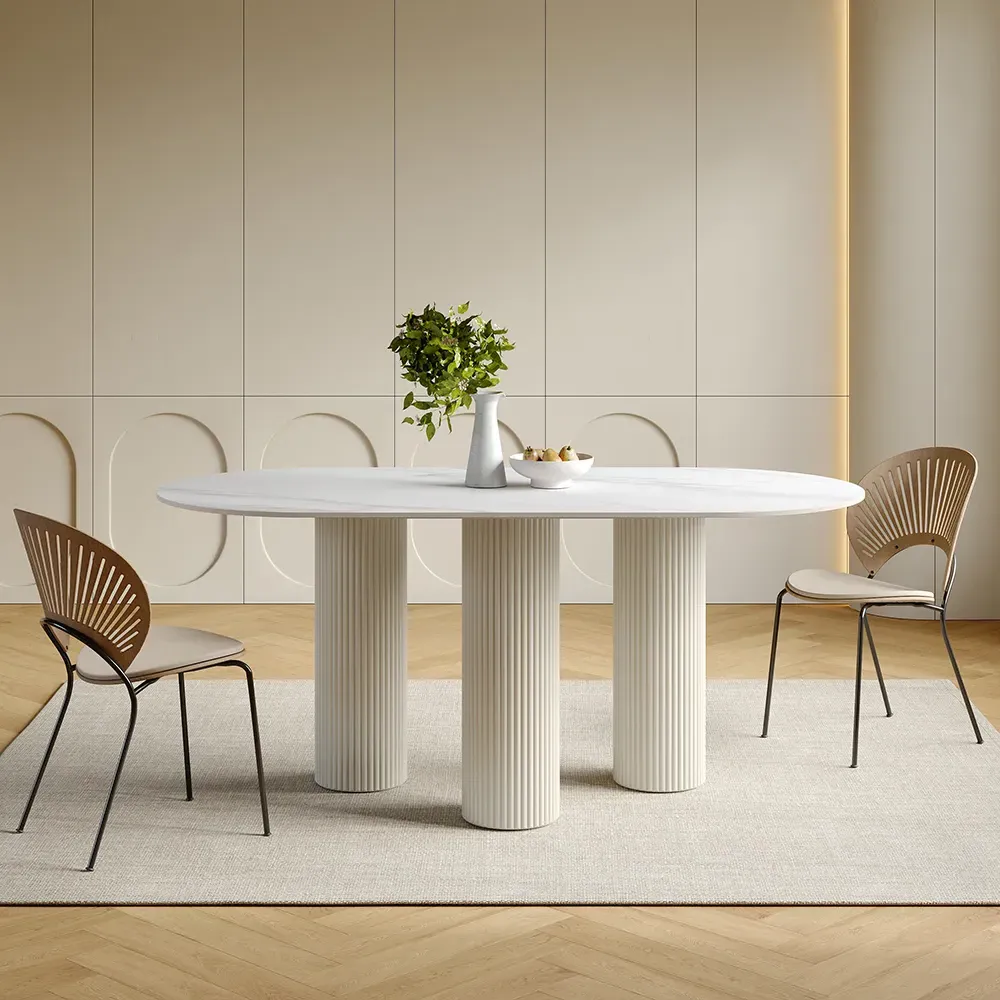Oval Dining Table 3 Legs - White, Sintered Stone
