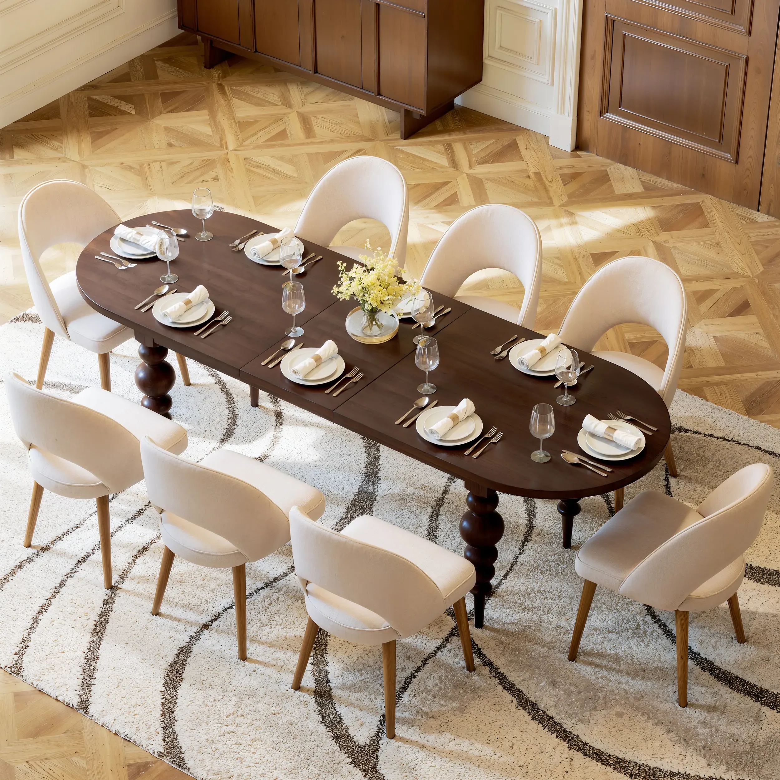 Oval Dining Table Extendable with Turned Legs - Walnut, MDF