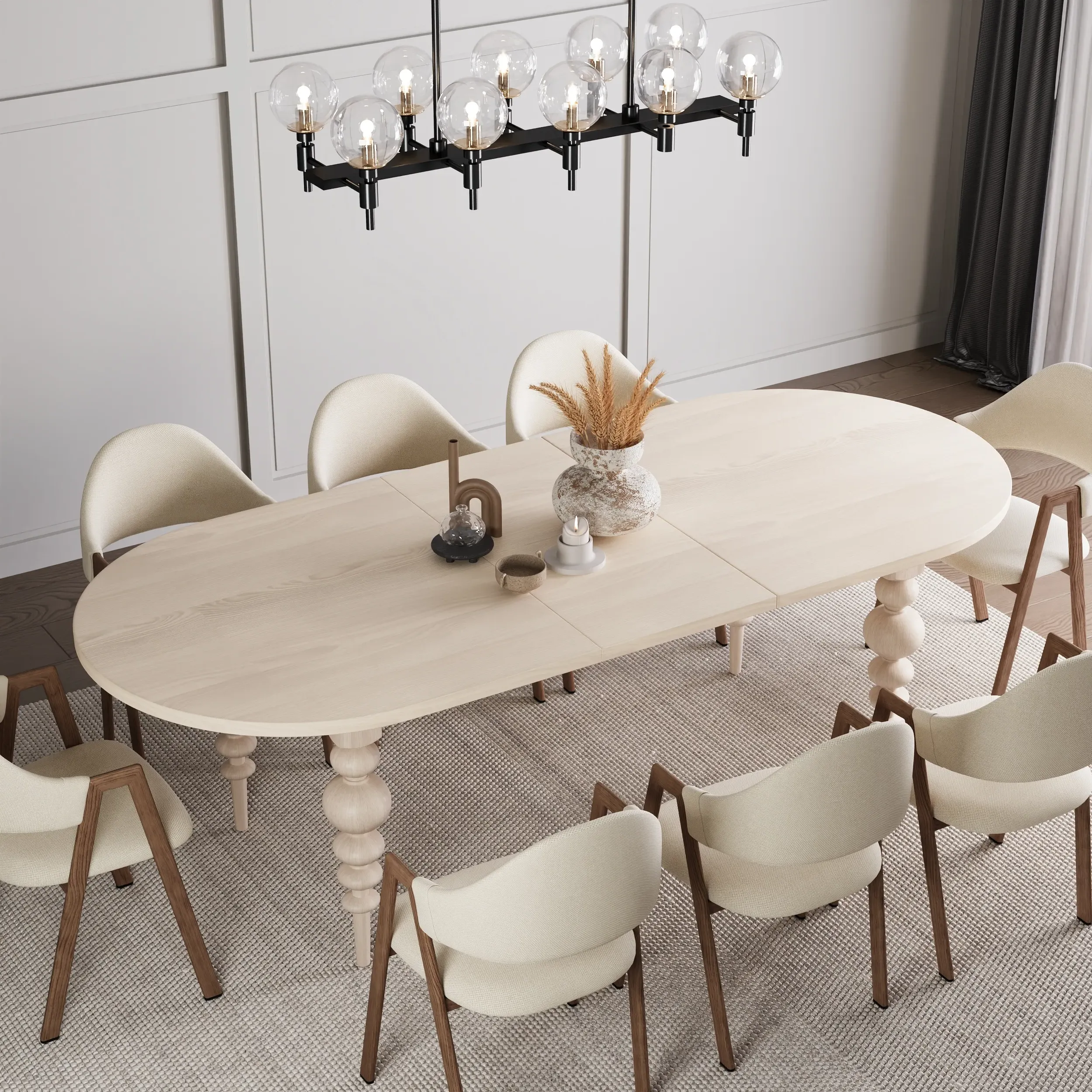 Oval Dining Table Extendable with Turned Legs - Whitewash, MDF