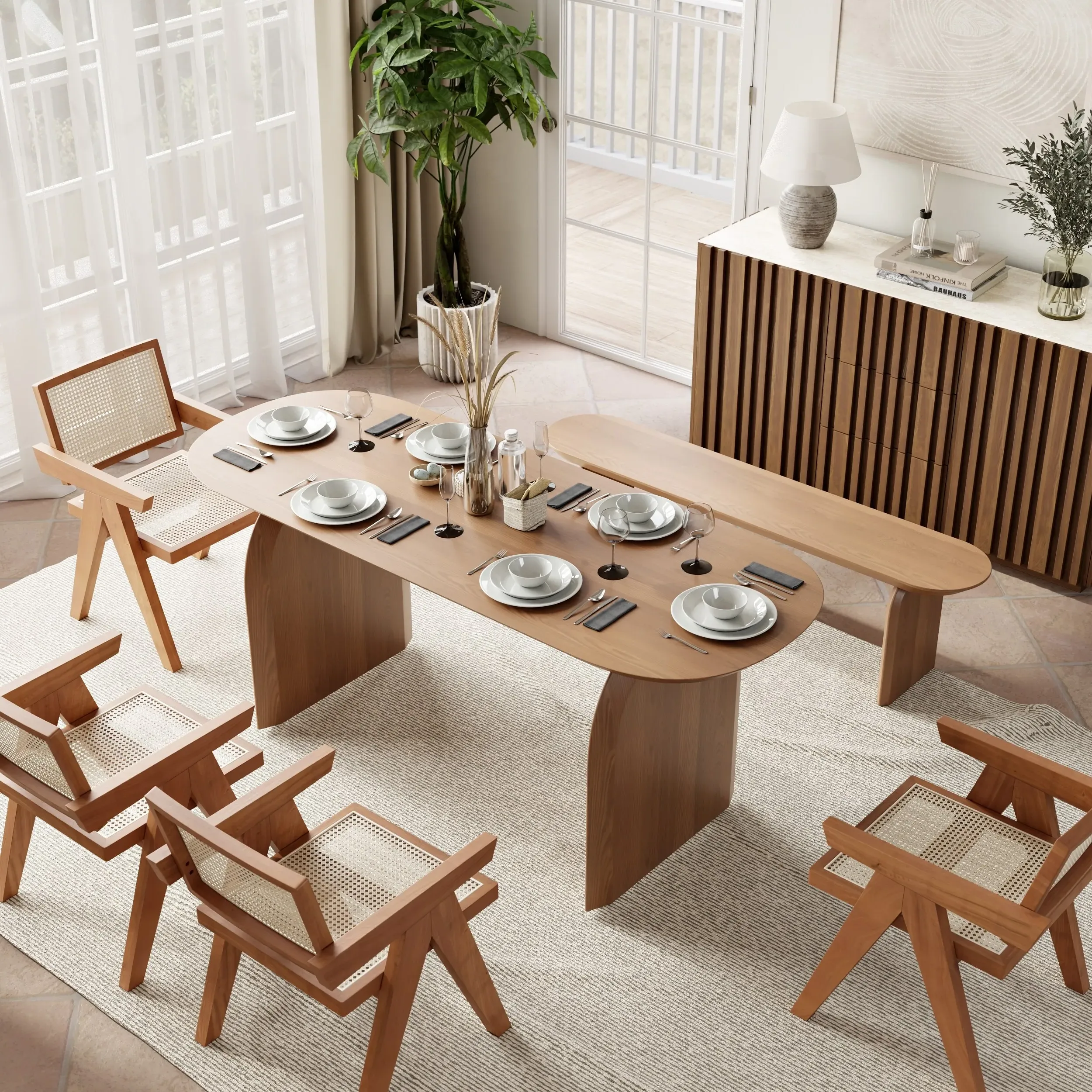 Oval Dining Table for 6 People - Walnut, Pine Wood