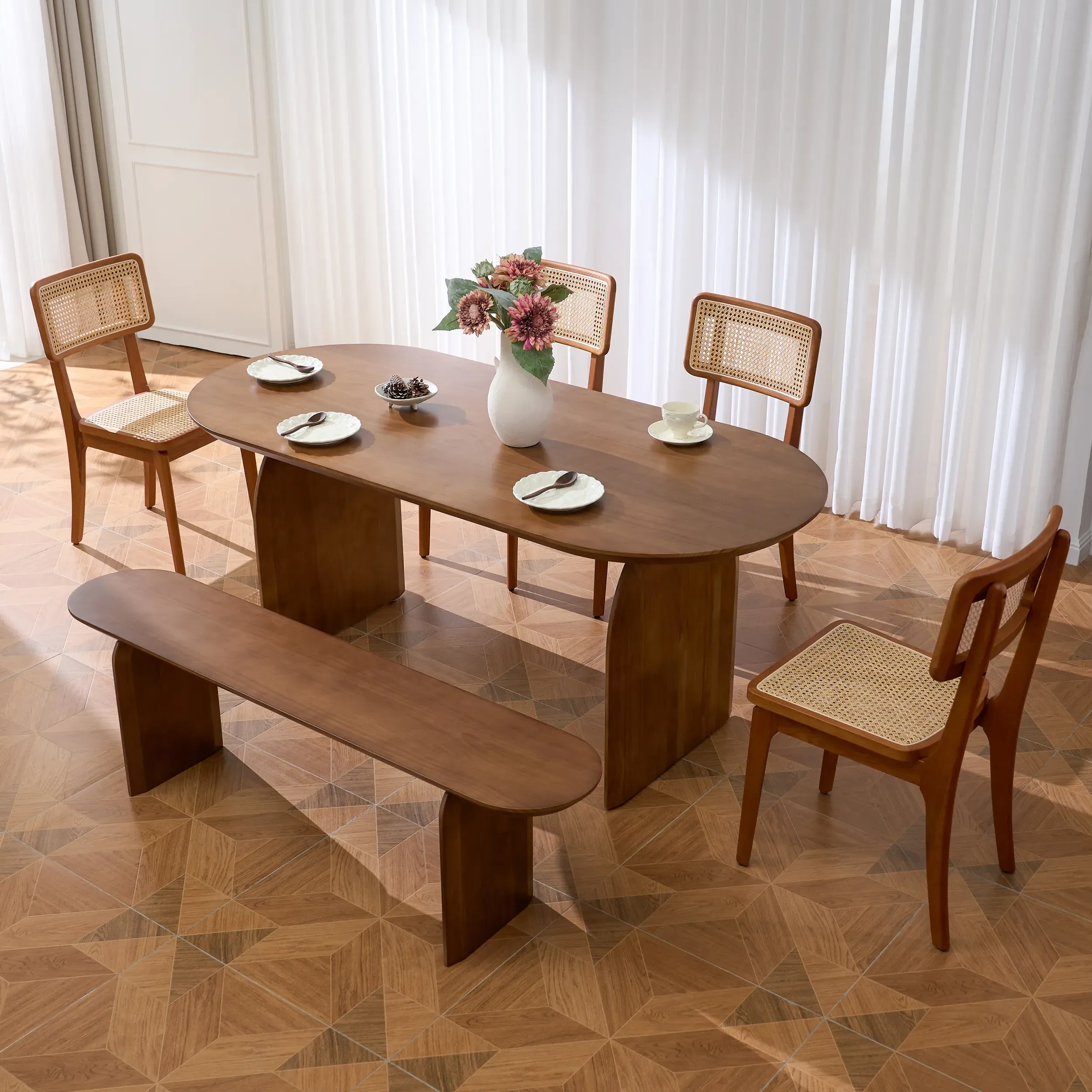 Oval Dining Table for 6 People - Walnut, Pine Wood image