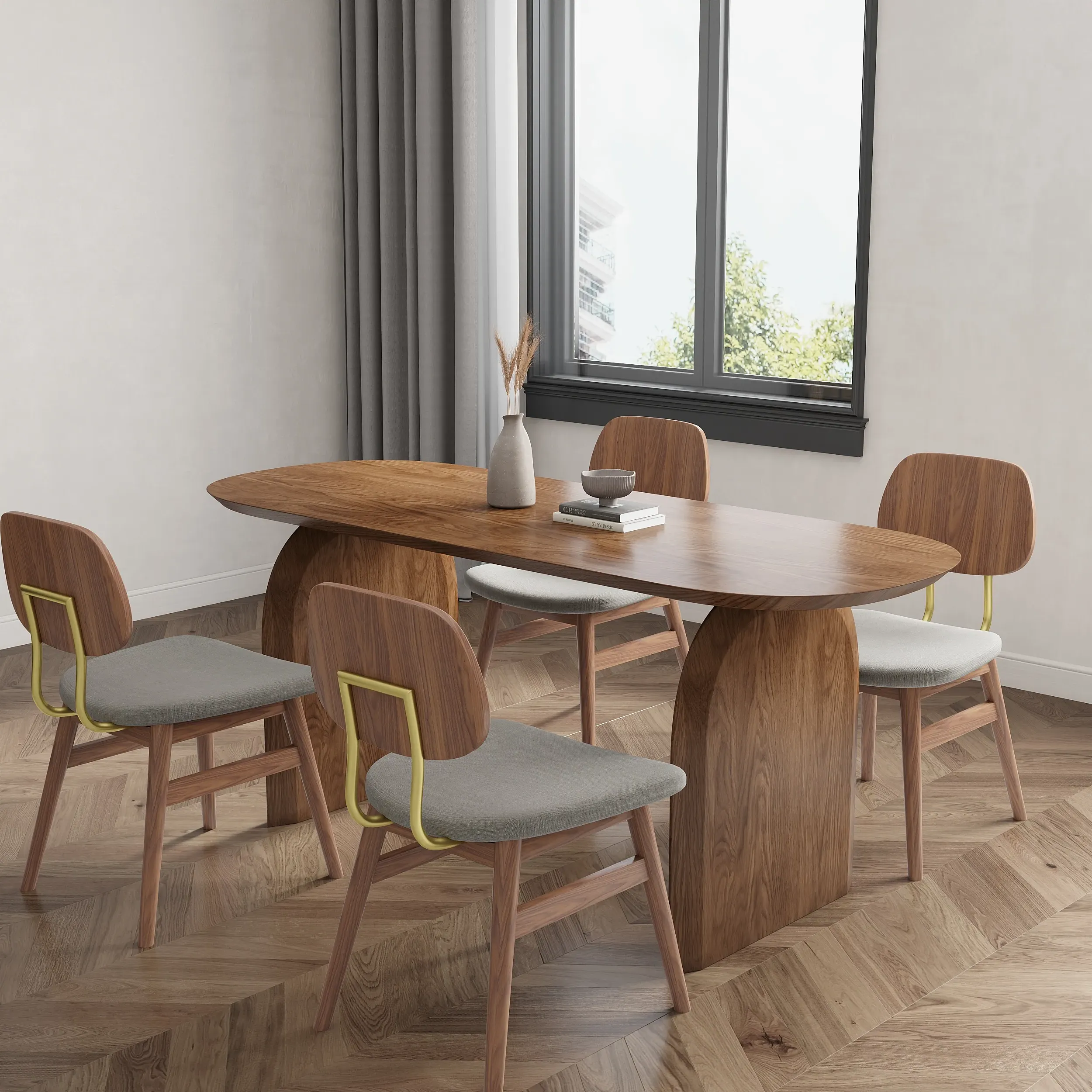 Oval Dining Table Set with 4 Chairs - Walnut, Solid Wood image