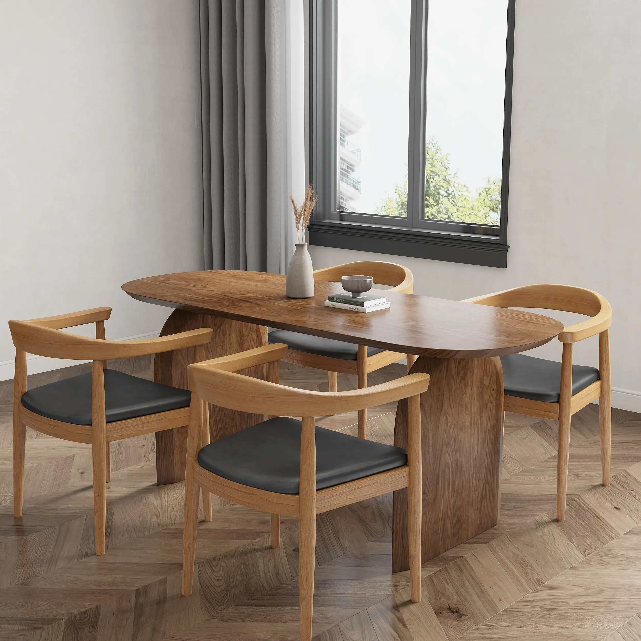Oval Dining Table Set with 4 Curved Chairs - Wood, Leather