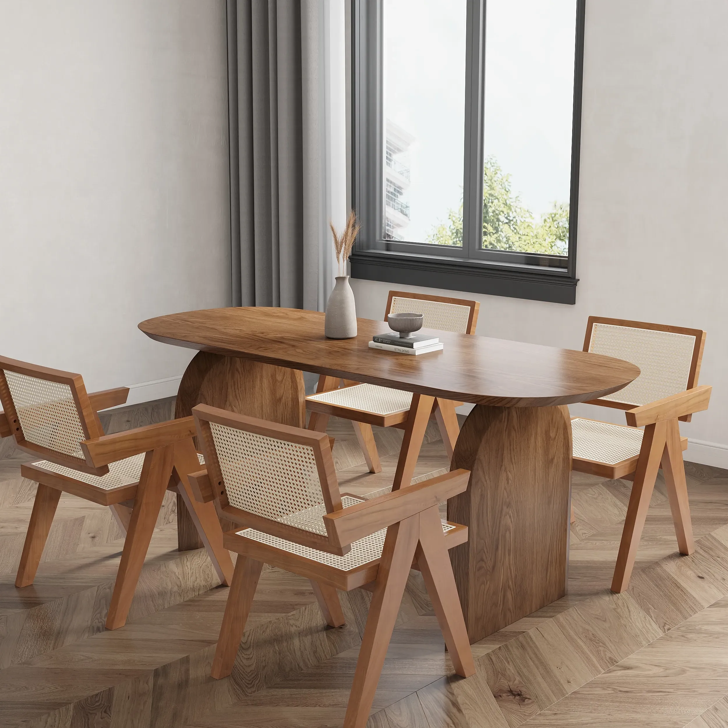 Oval Dining Table Set with 4 Rattan Chairs - Walnut