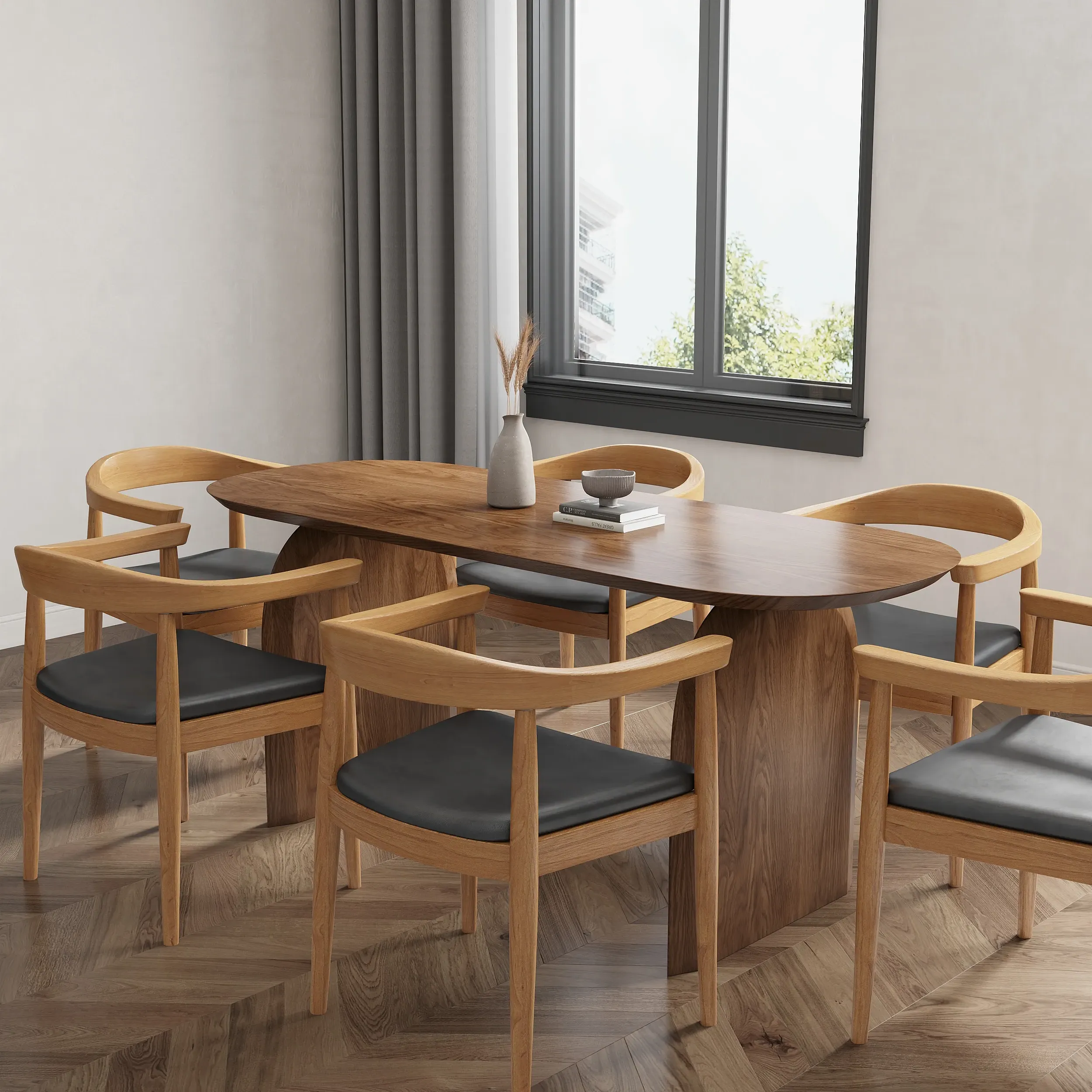 Oval Dining Table Set with 6 Chairs - Pine Wood, Leather image