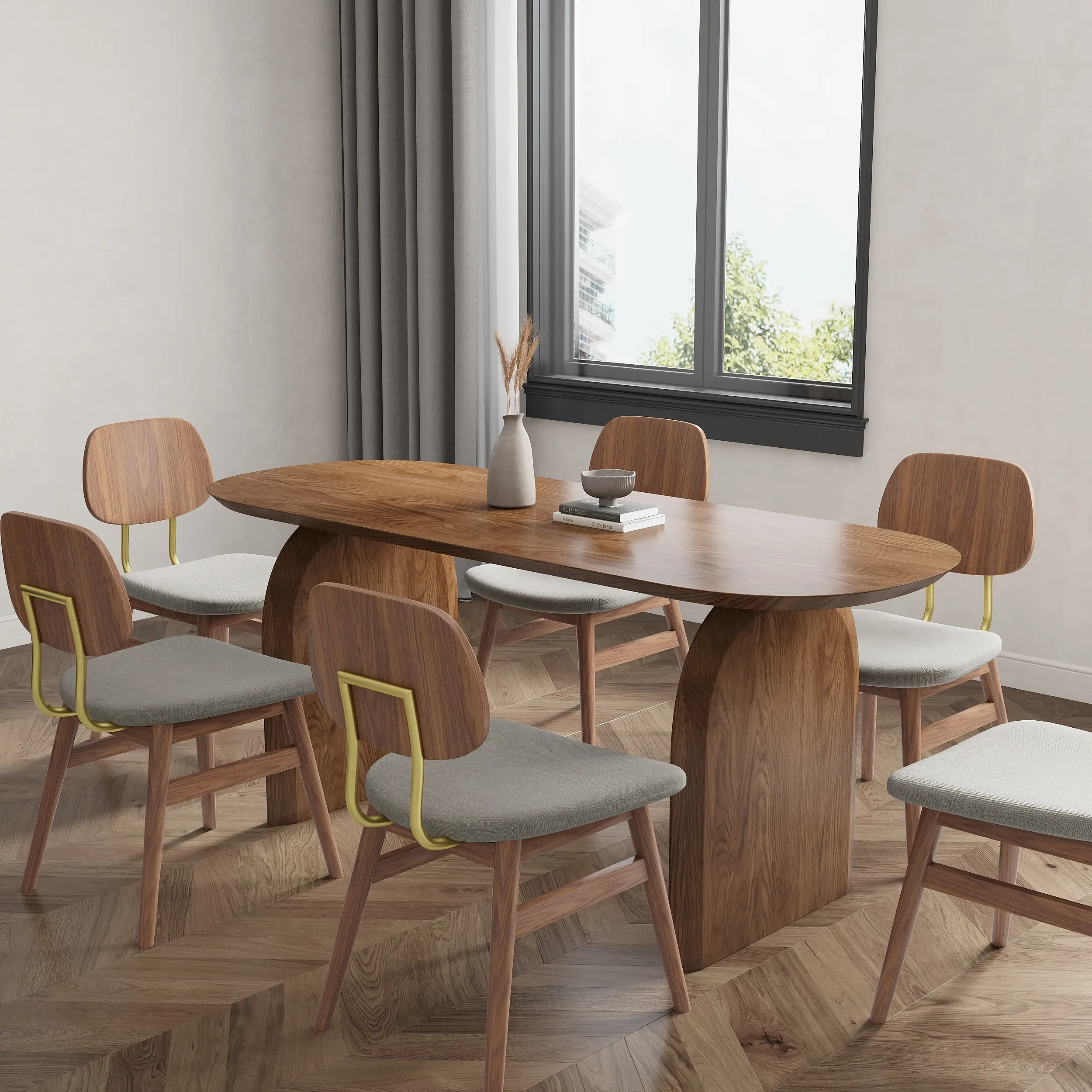 Oval Dining Table Set with 6 Chairs - Walnut, Solid Wood