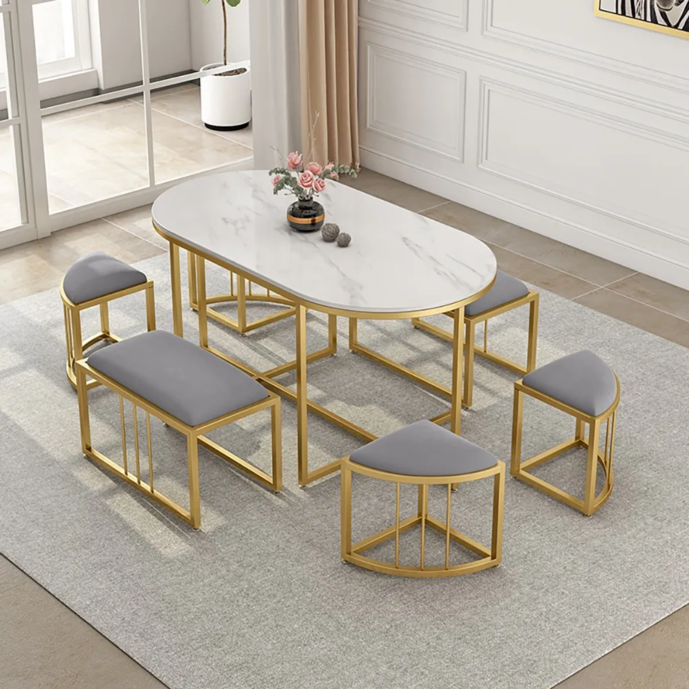 Oval Dining Table Set with 6 Chairs - White, Faux Marble image