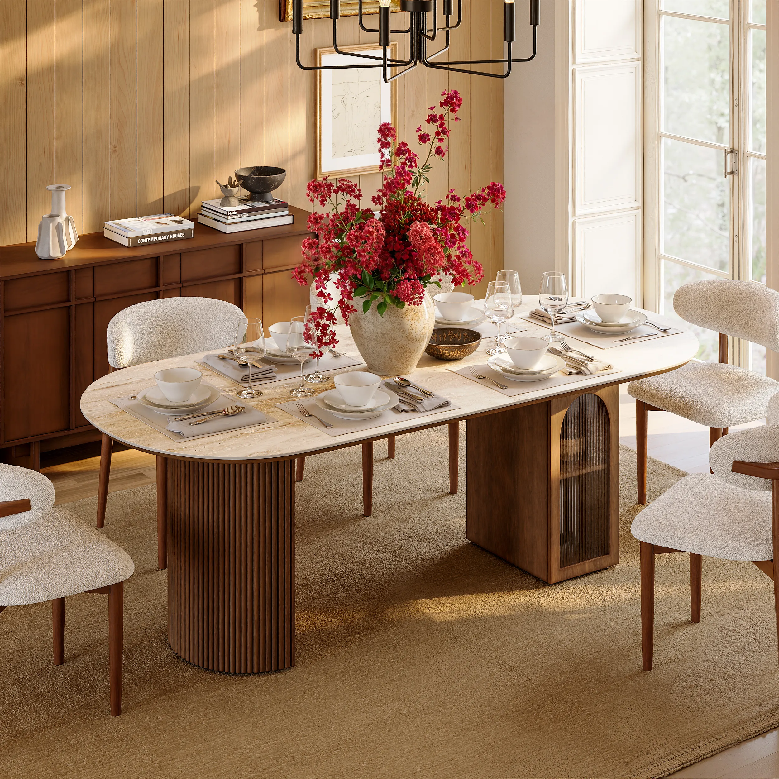 Oval Dining Table with Storage - Beige, Faux Travertine