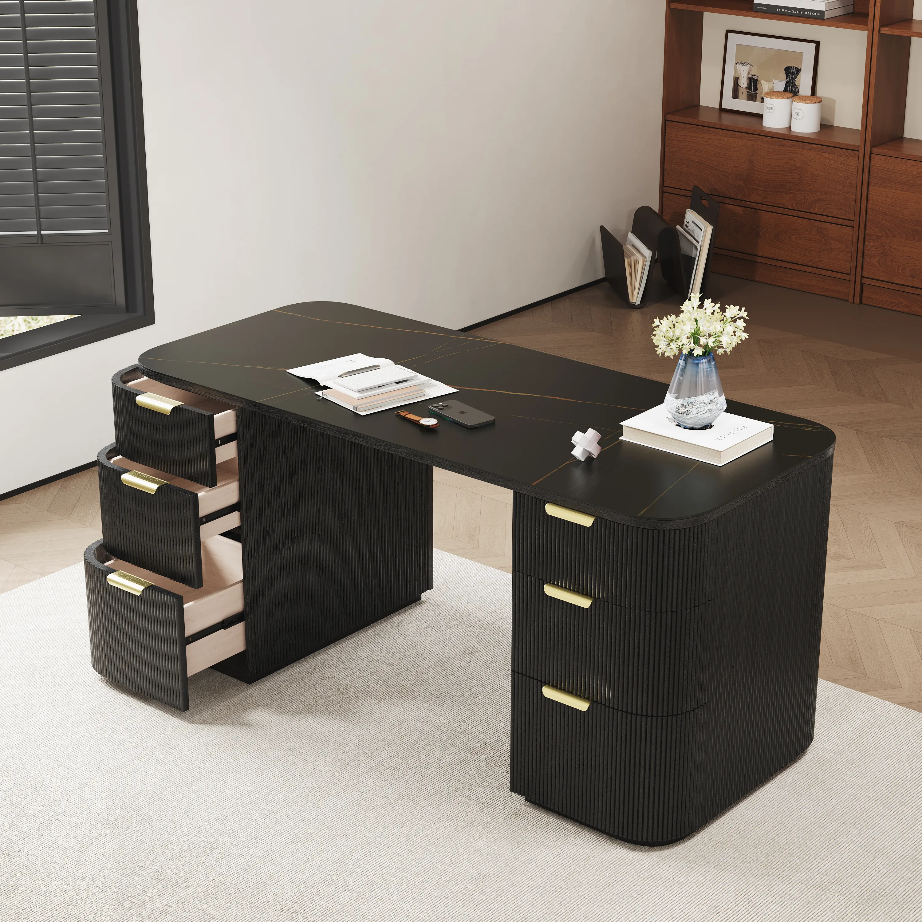 Oval Executive Desk with 6 Drawers - Black, Sintered Stone