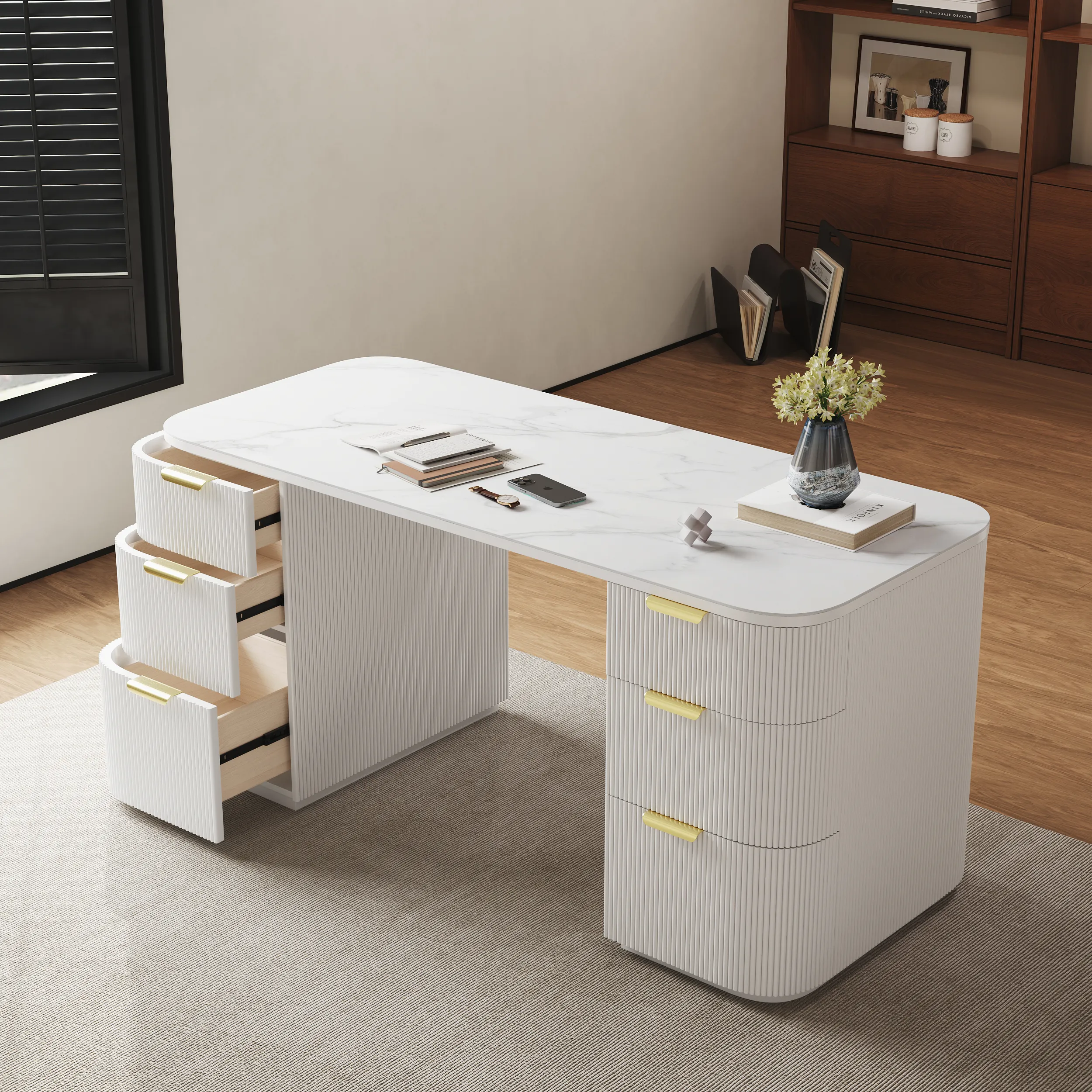 Oval Executive Desk with 6 Drawers - White, Sintered Stone