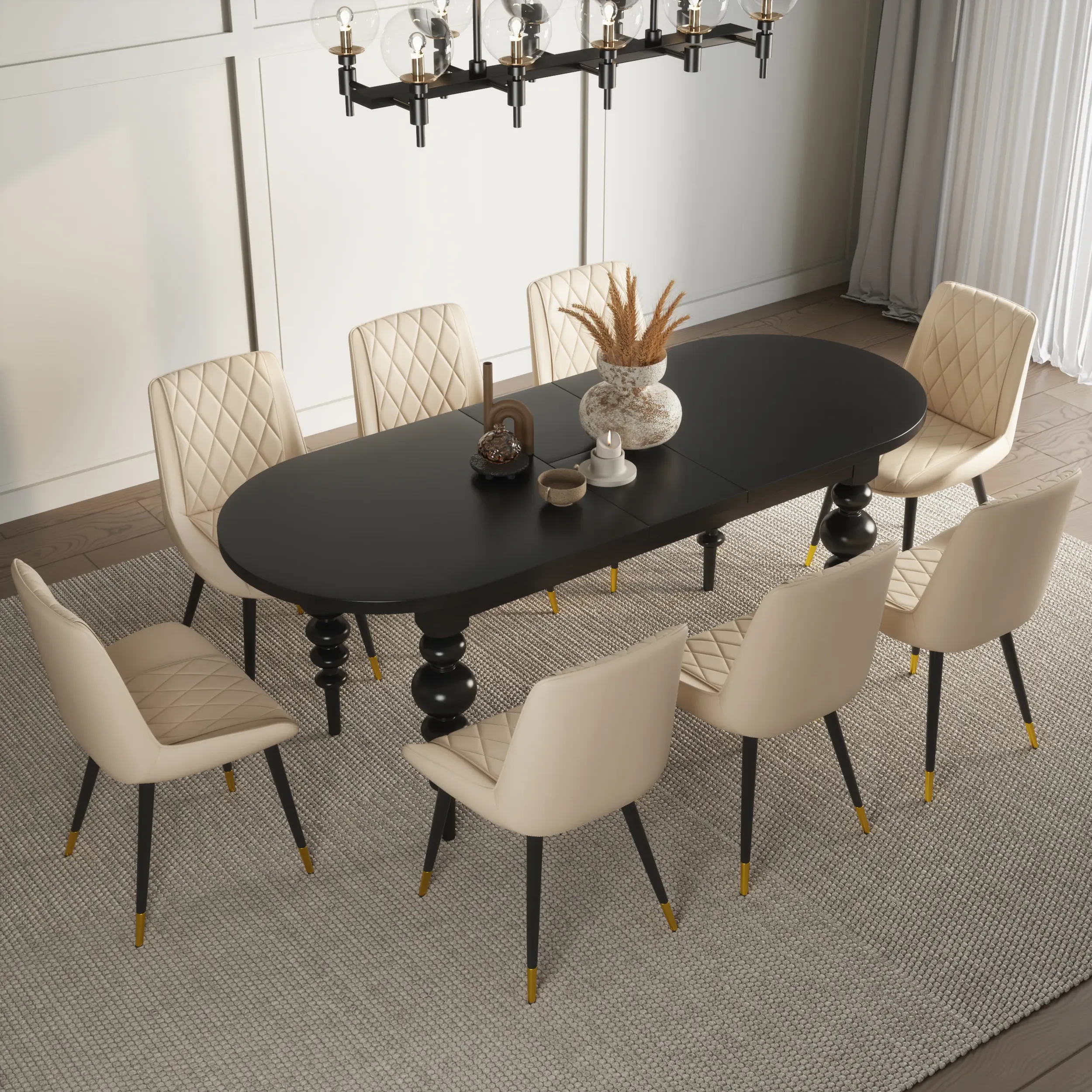 Oval Extendable Dining Table Set with 8 Chairs - Black Antique
