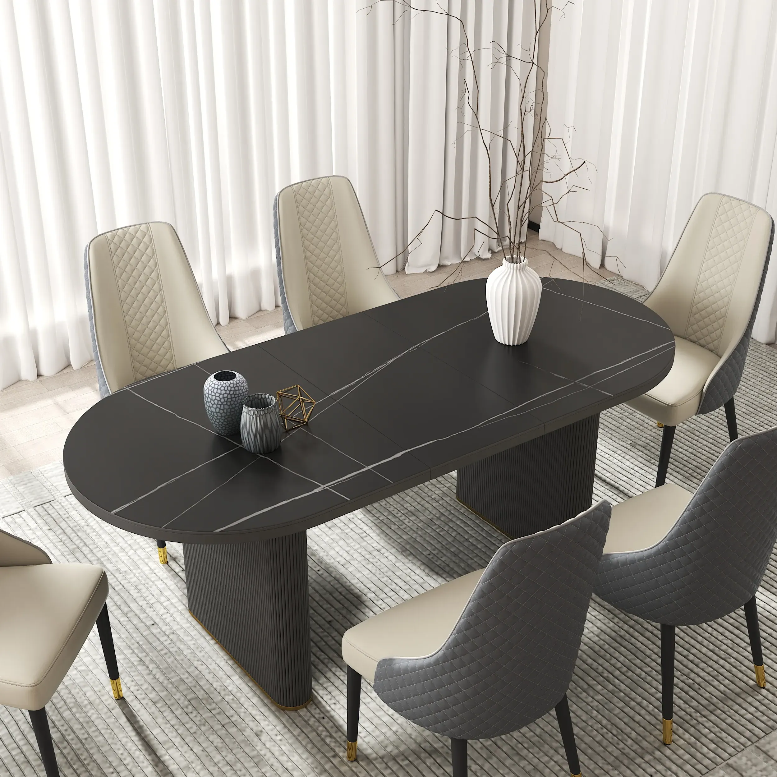 Oval Extendable Dining Table with Butterfly Leaf - Black Marble