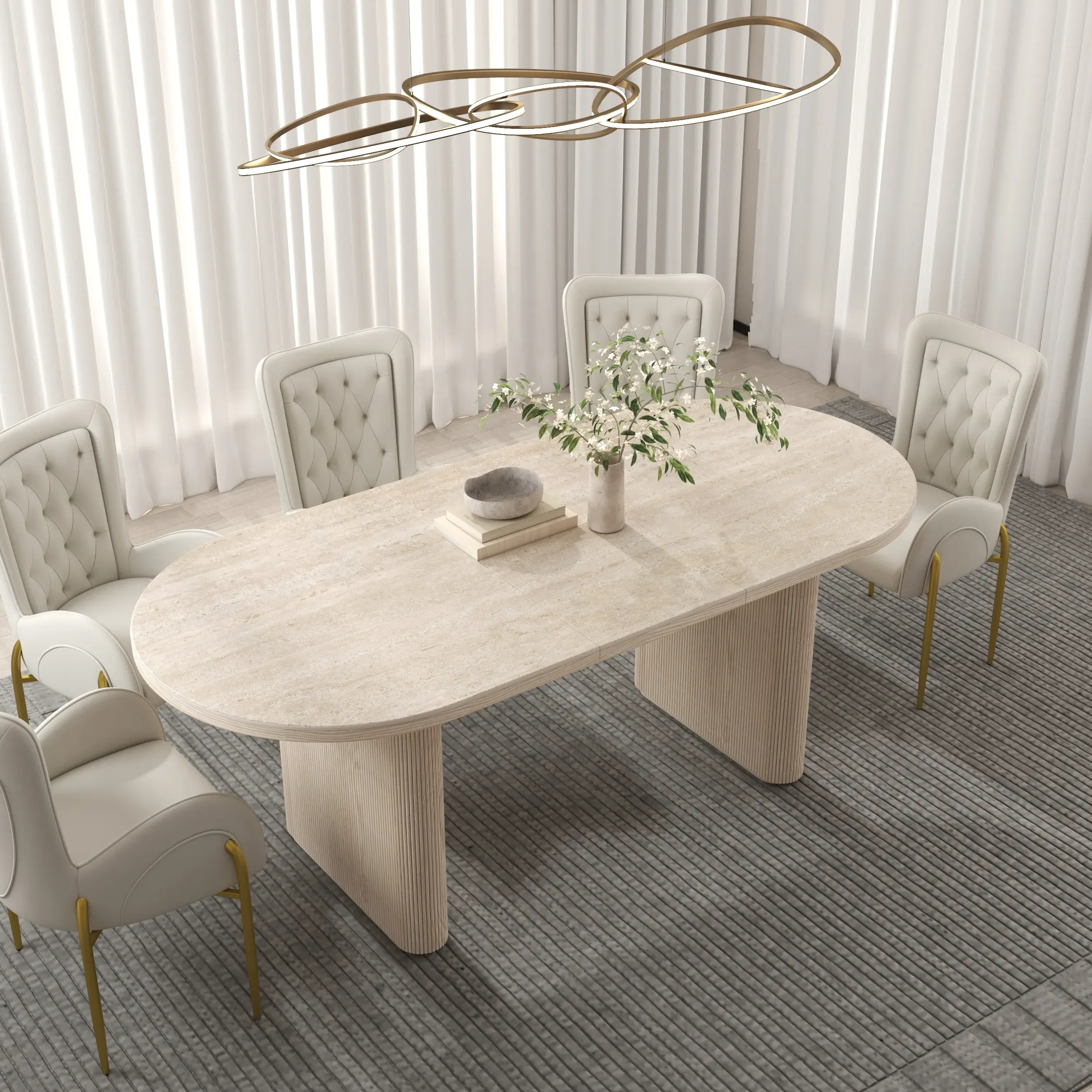 Oval Extendable Dining Table with Butterfly Leaf - Travertine, Sintered Stone