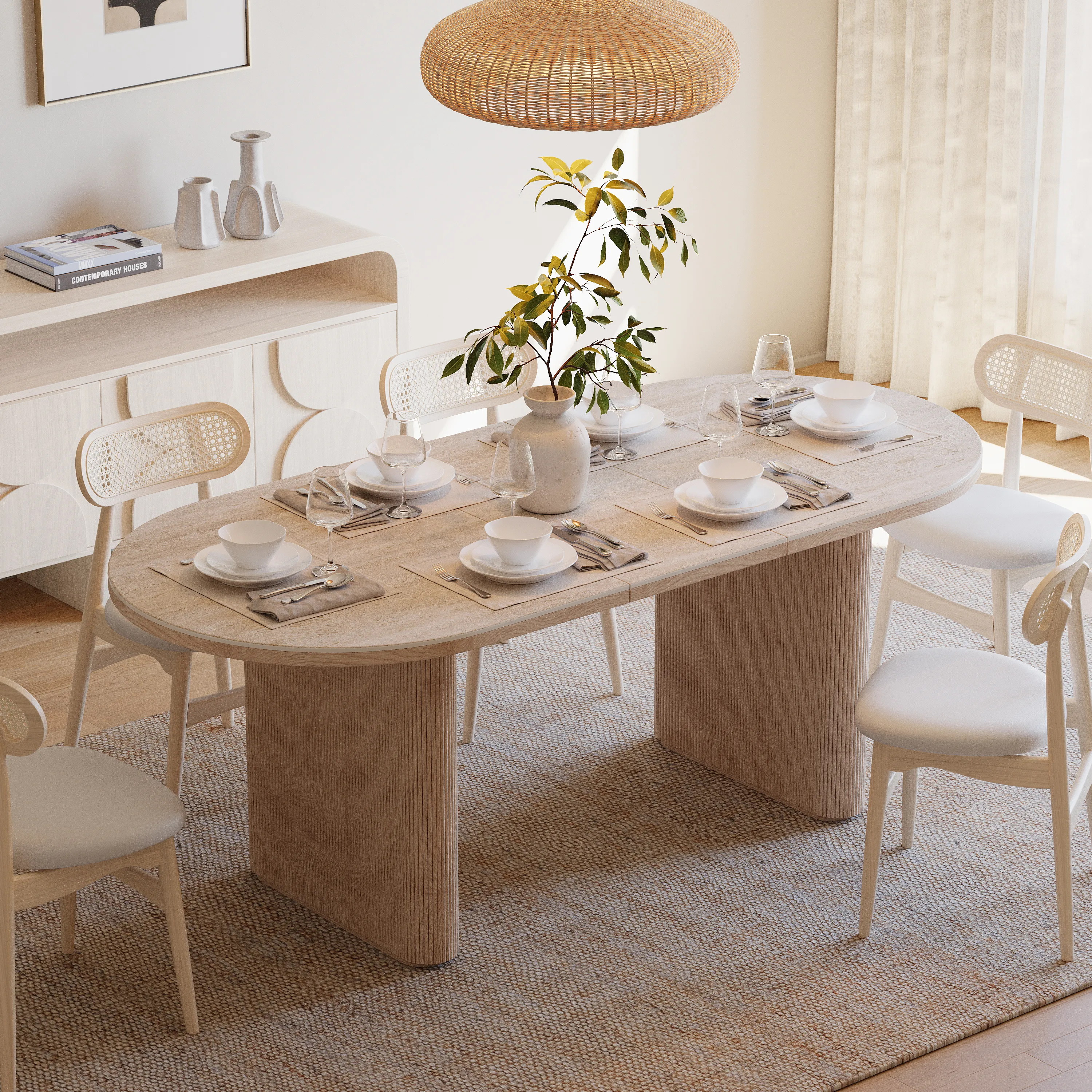 Oval Extendable Dining Table with Butterfly Leaf - Travertine, Sintered Stone
