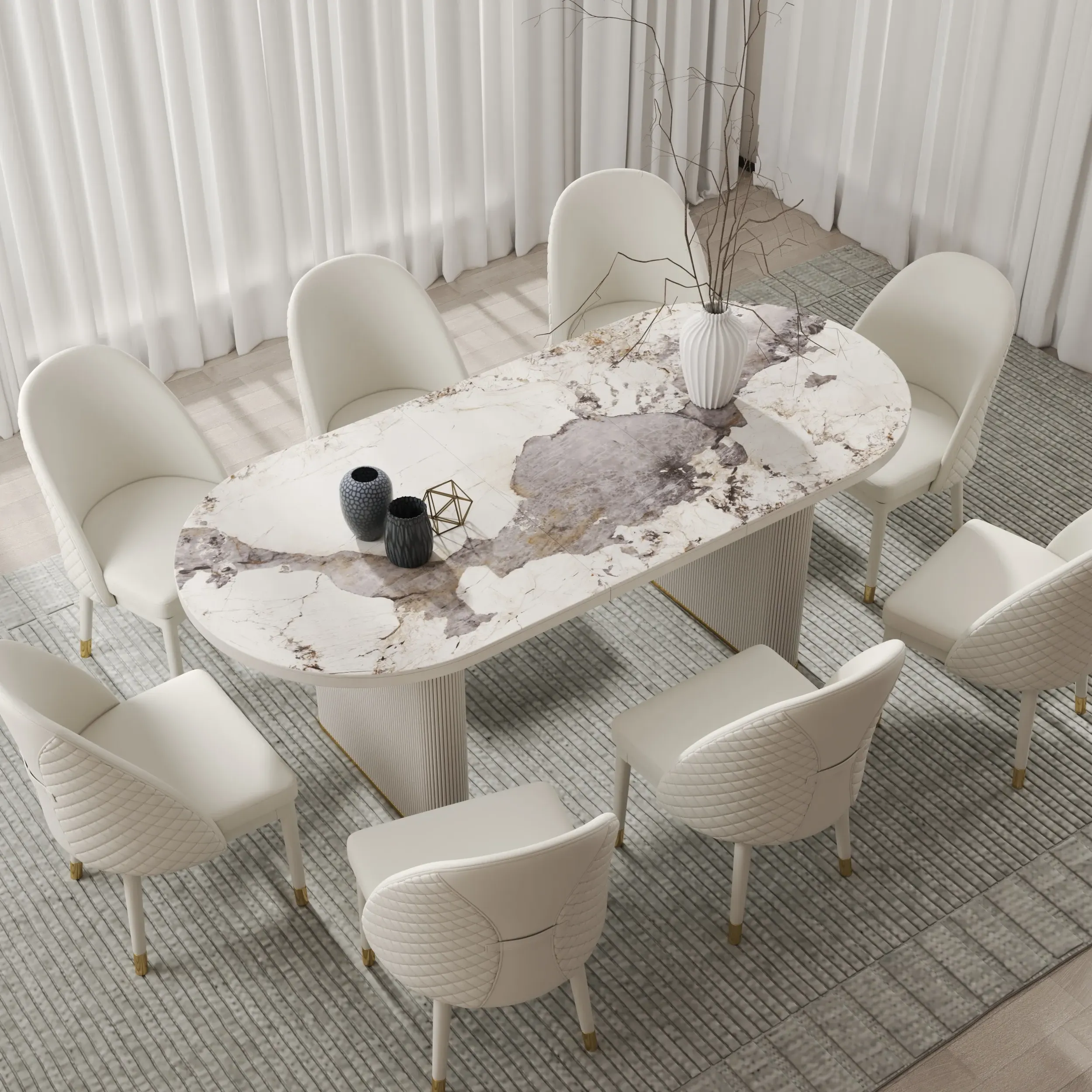 Oval Extendable Dining Table with Butterfly Leaf - White, Faux Marble