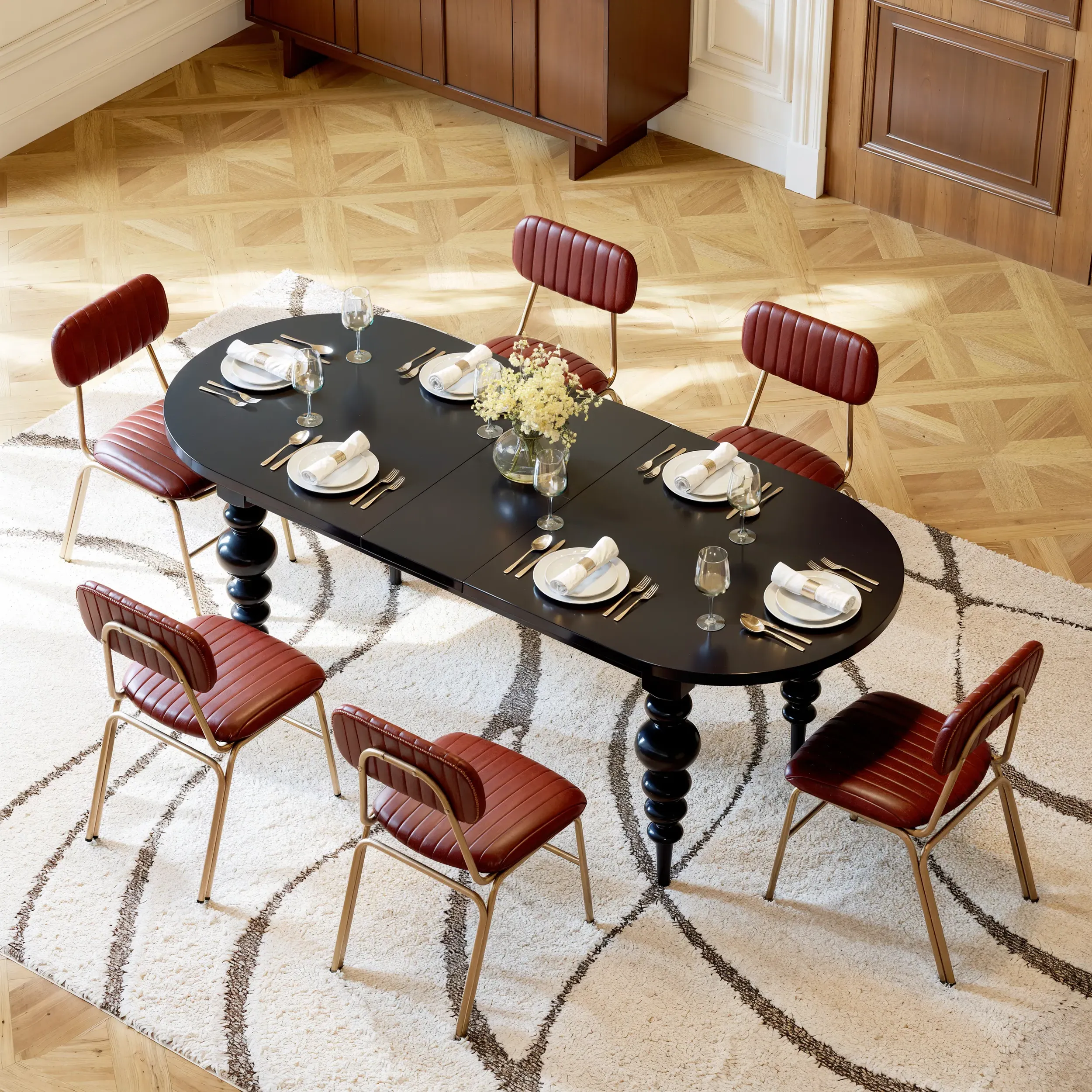 Oval Extendable Dining Table with Turned Legs - Black, MDF image