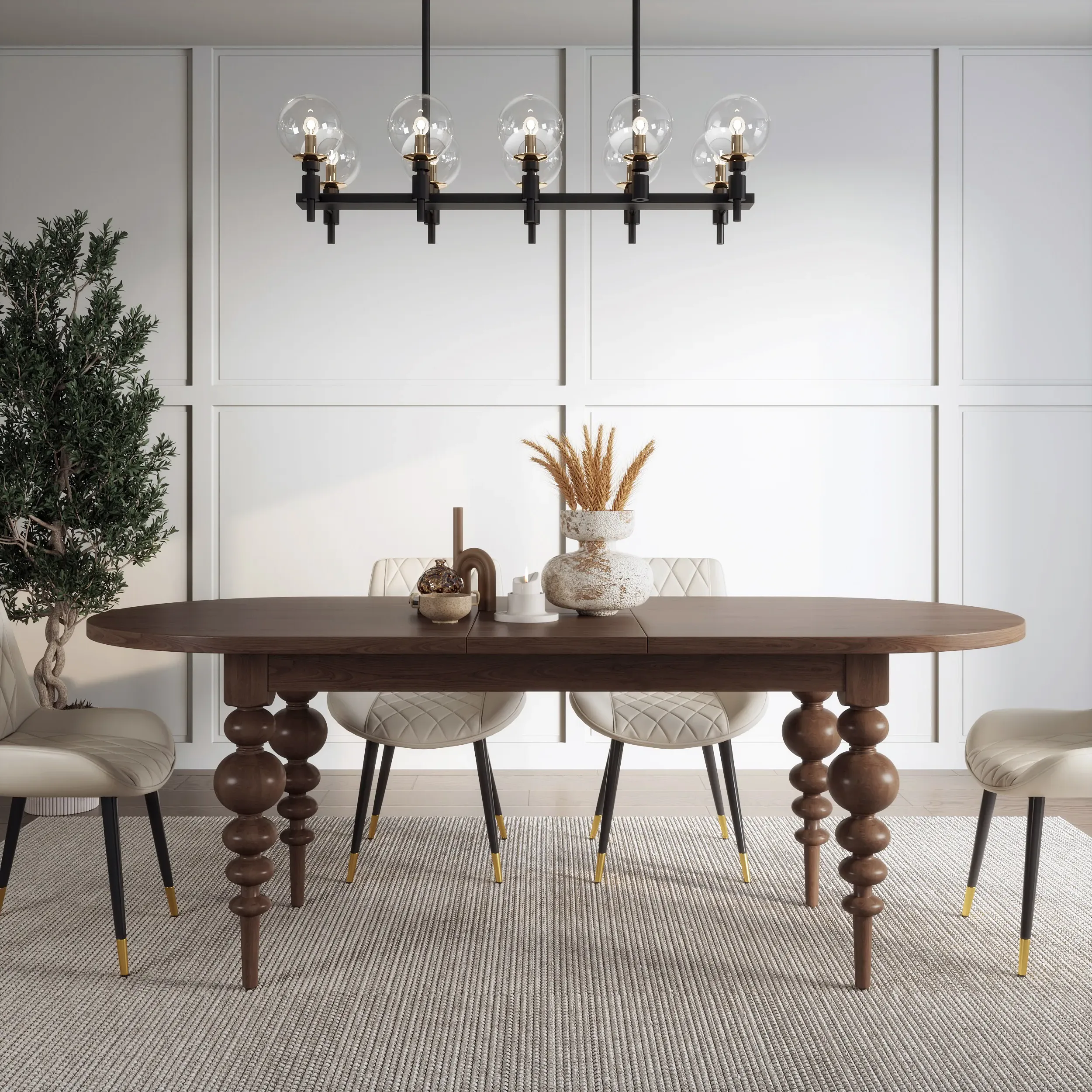 Oval Extendable Dining Table with Turned Legs - Walnut, MDF