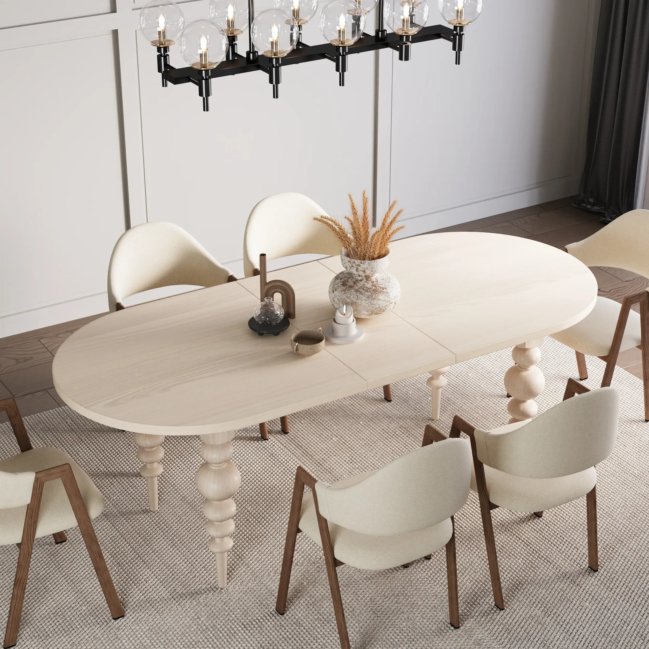 Oval Extendable Dining Table with Turned Legs - Whitewash, MDF