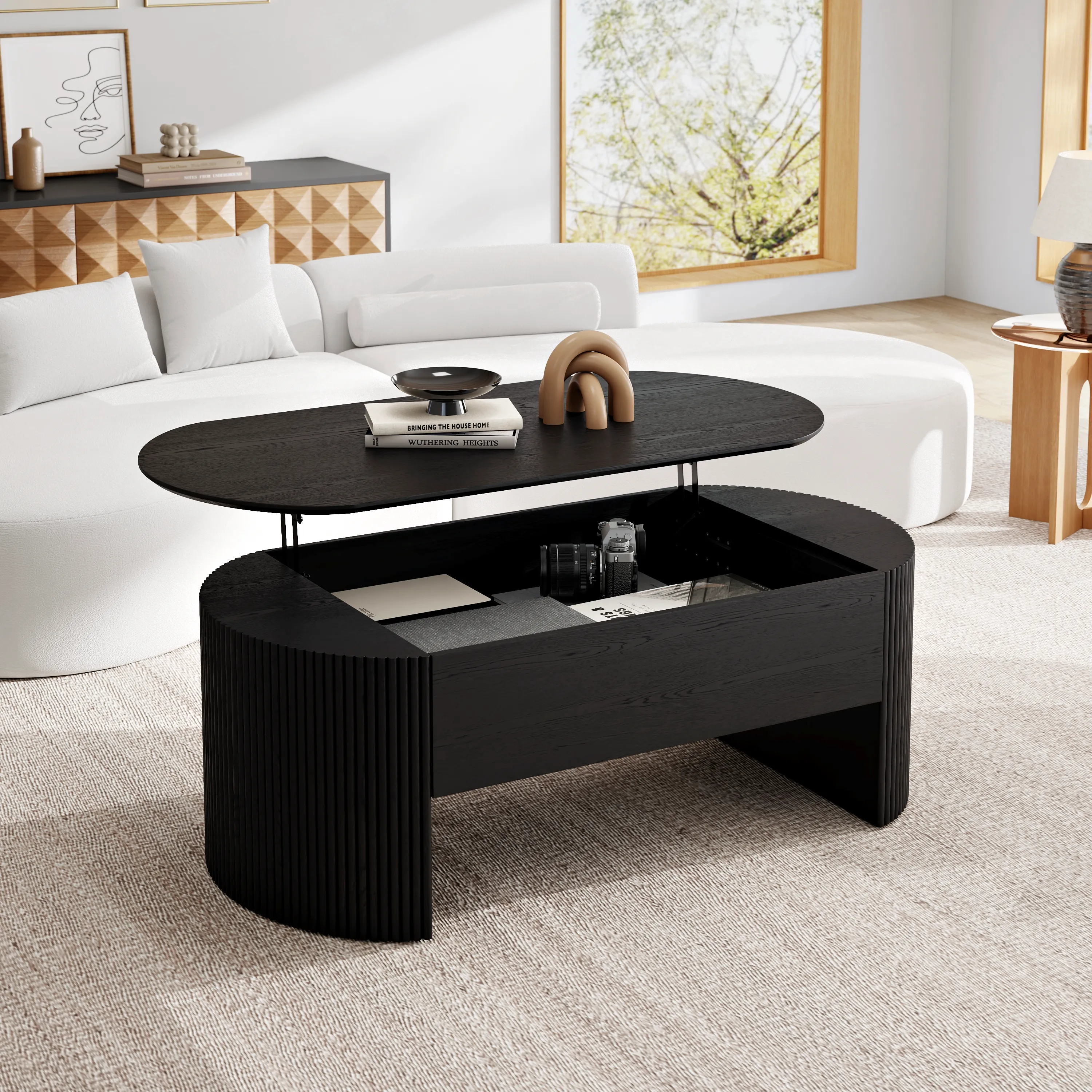 Oval Lift Top Coffee Table with Storage - Black