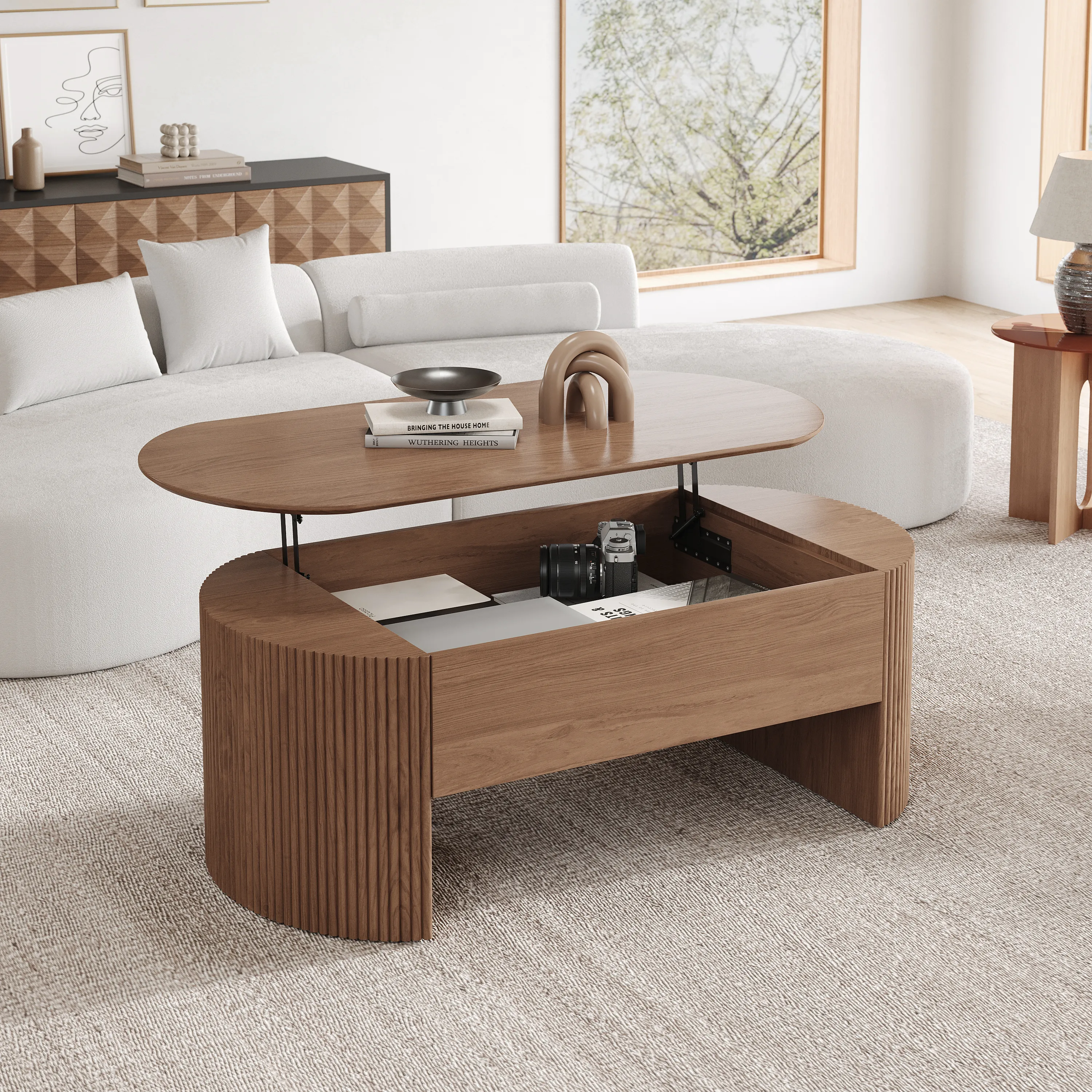 Oval Lift Top Coffee Table with Storage - Walnut image