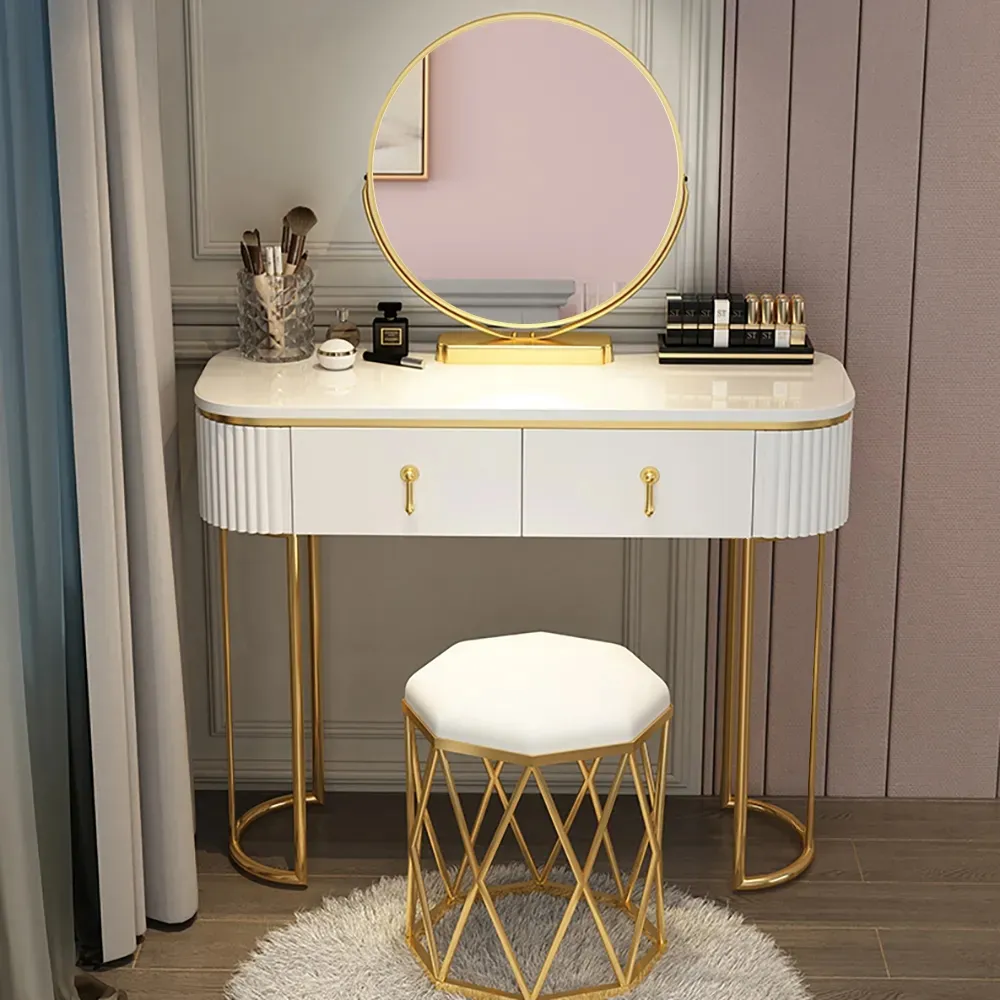 Oval Makeup Vanity with Rotatable Mirror & Nesting Stool - White image