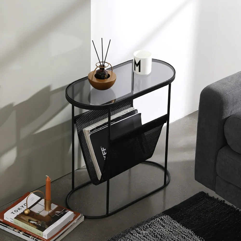 Oval Side Table with Magazine Holder - Black, Glass