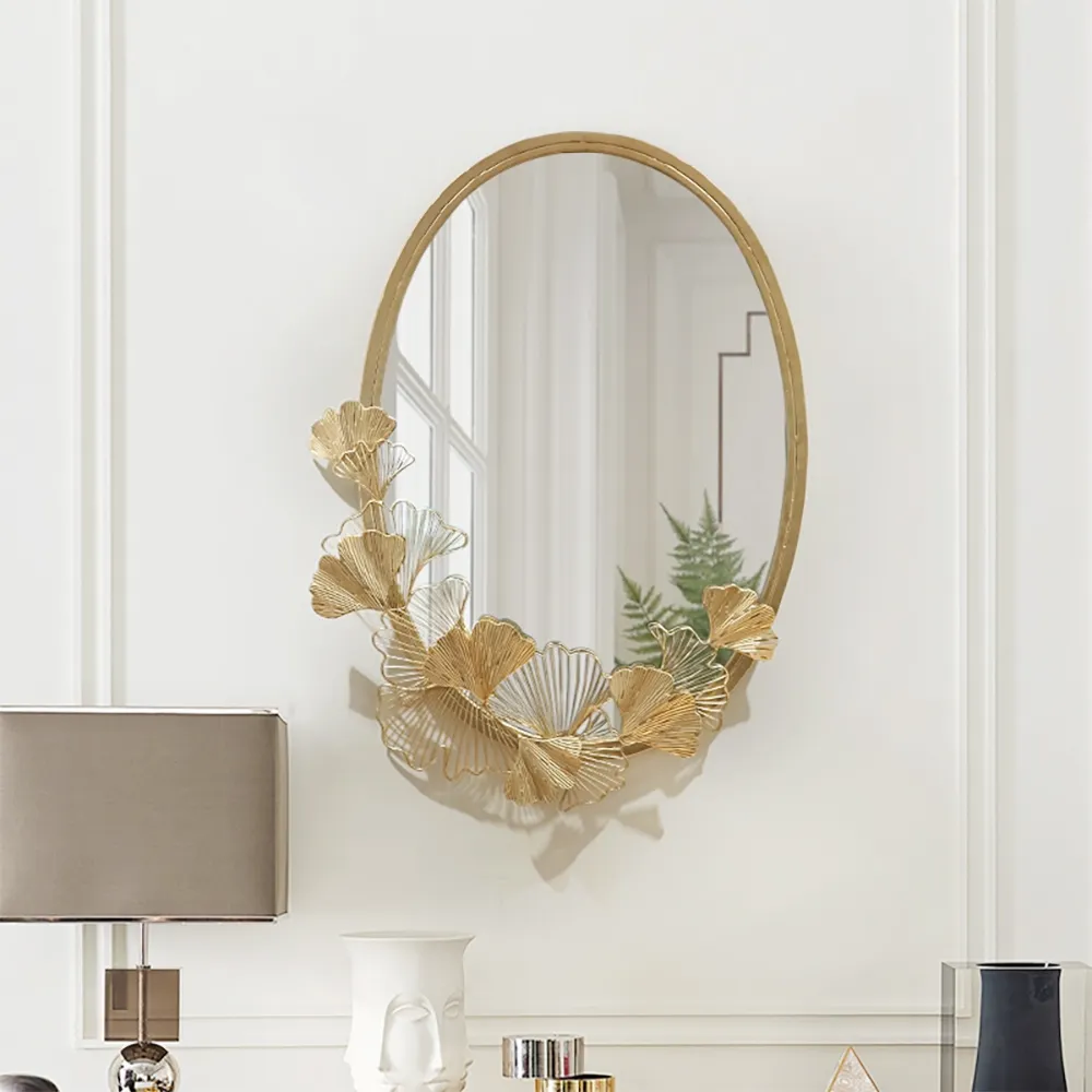 Oval Wall Mirror with Ginkgo Leaves Frame - Gold
