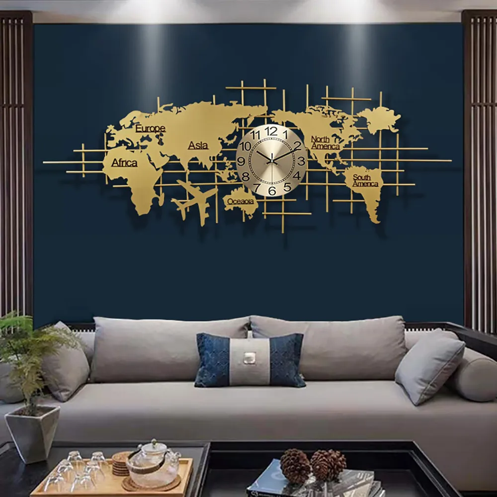 Oversized World Map Wall Clock - Gold, Metal