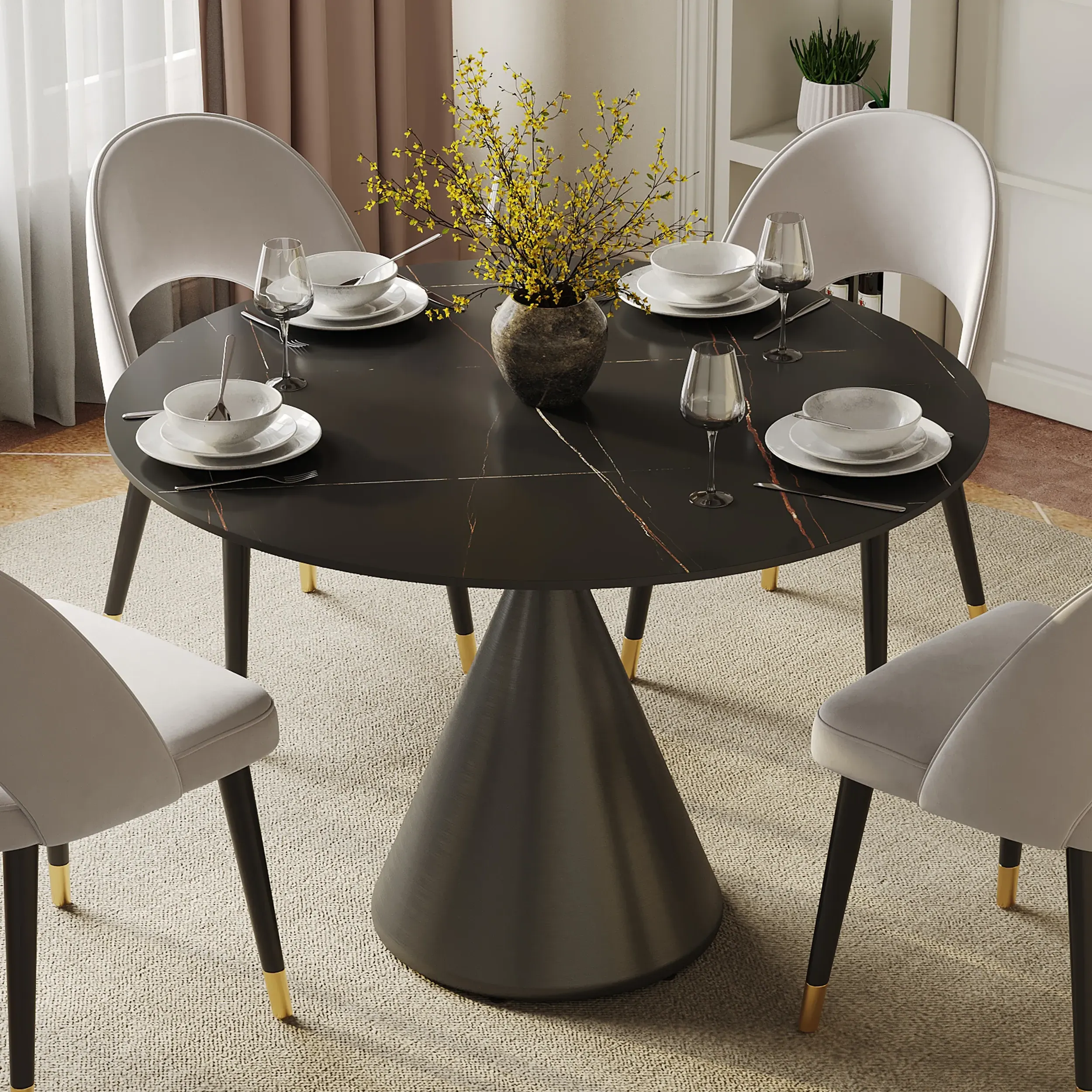 Pandora Round Dining Table - Faux Marble, Black Base