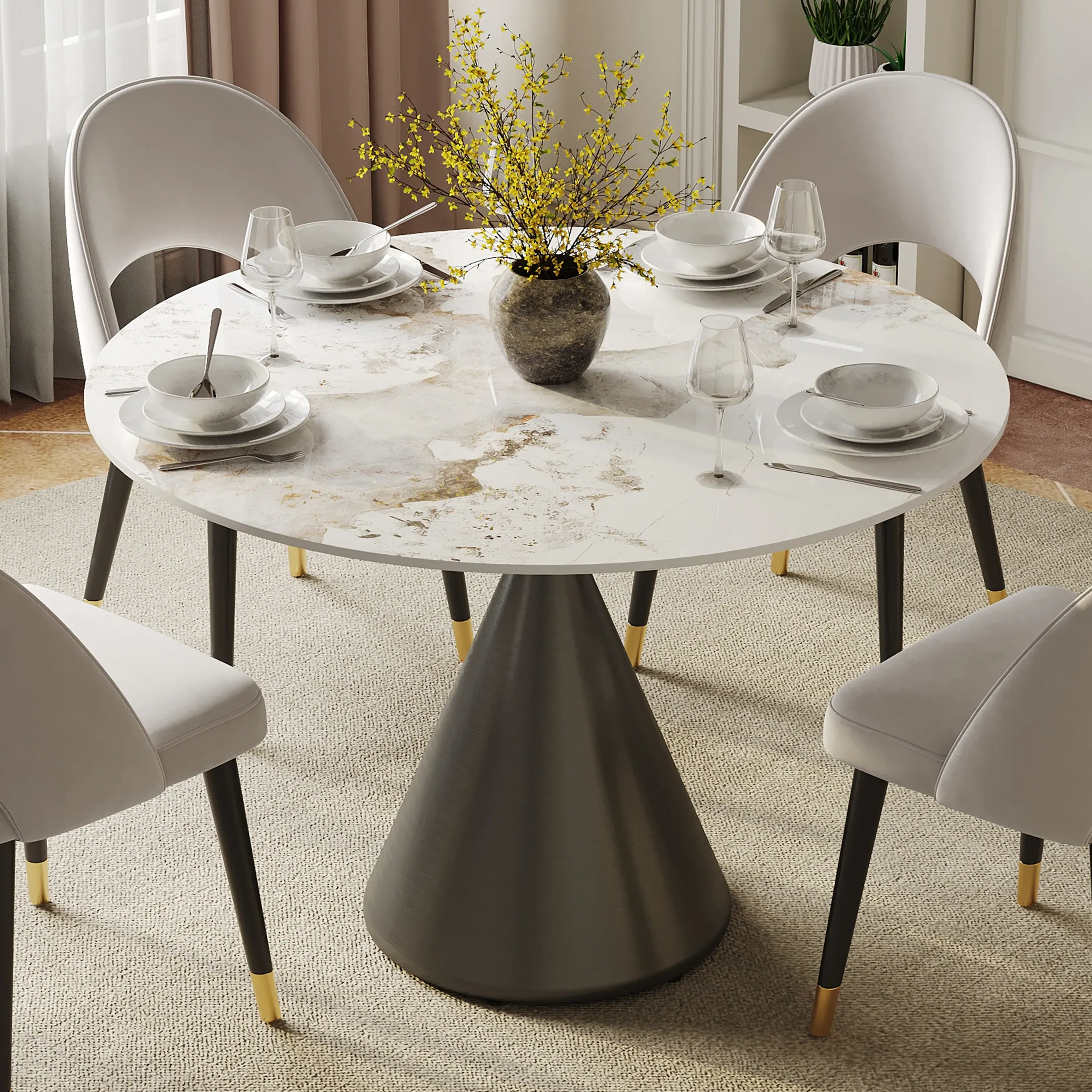 Pandora Round Dining Table - Faux Marble, Black Base image