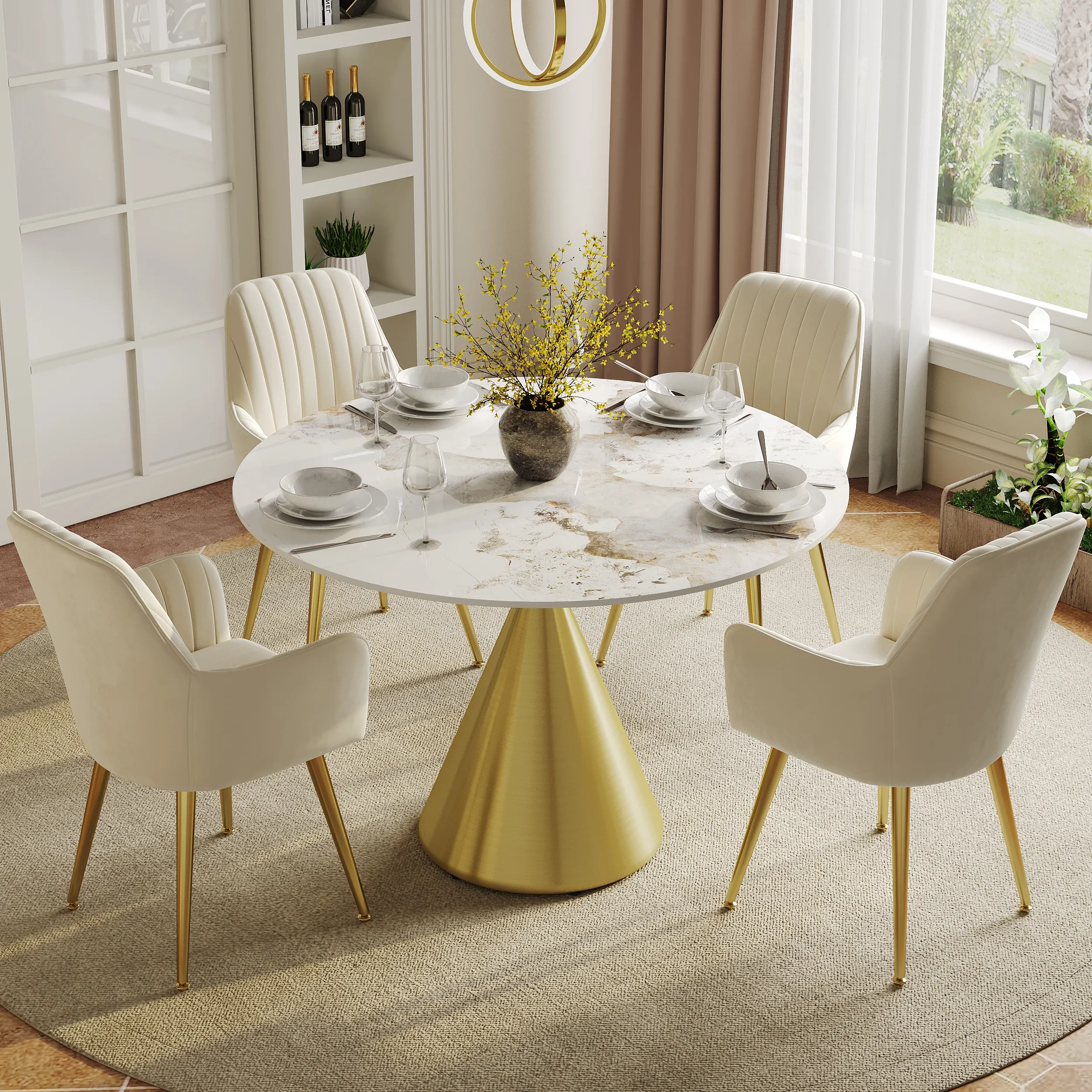 Pandora Round Dining Table - Faux Marble, Gold Base