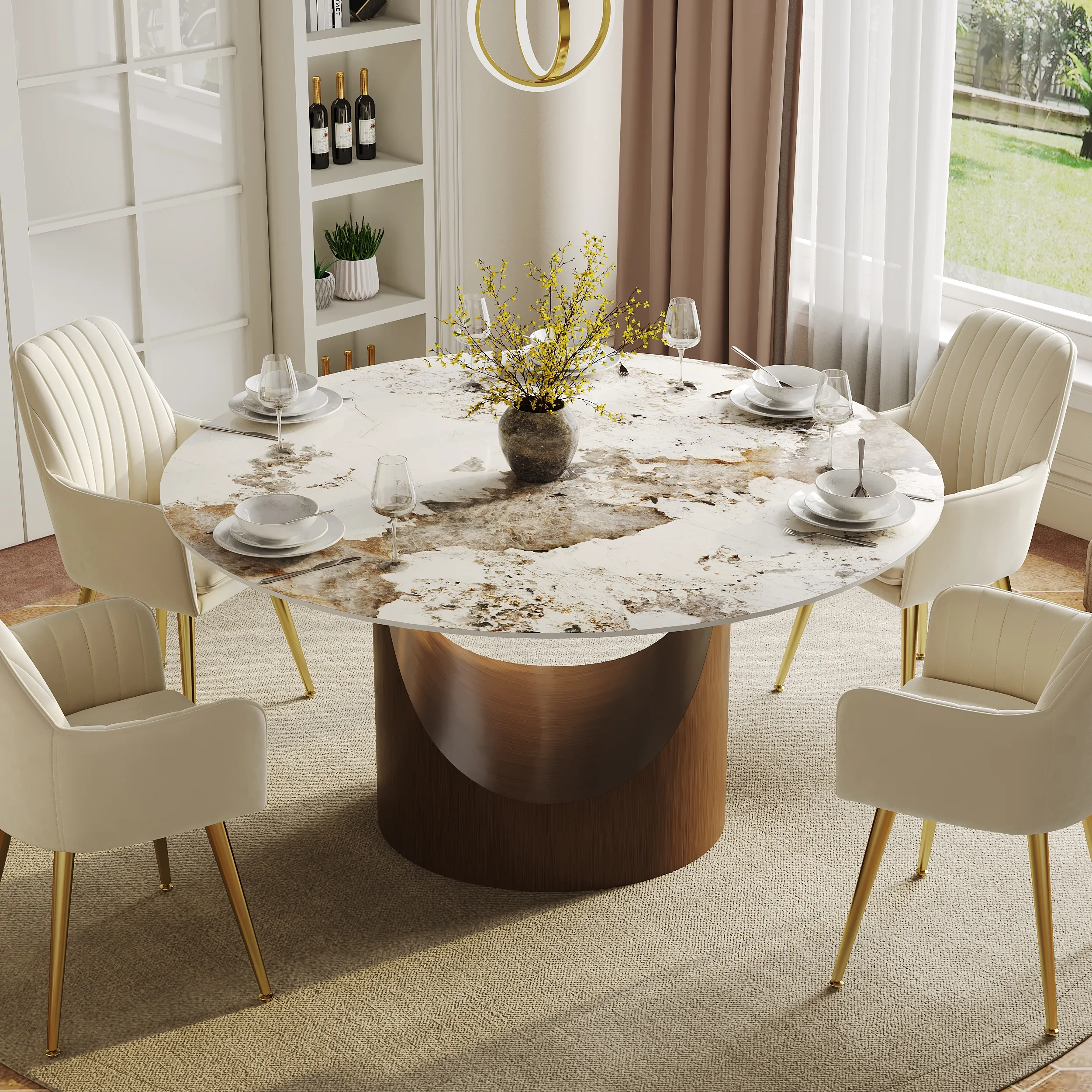 Pandora Round Dining Table - Faux Marble, Stainless Steel