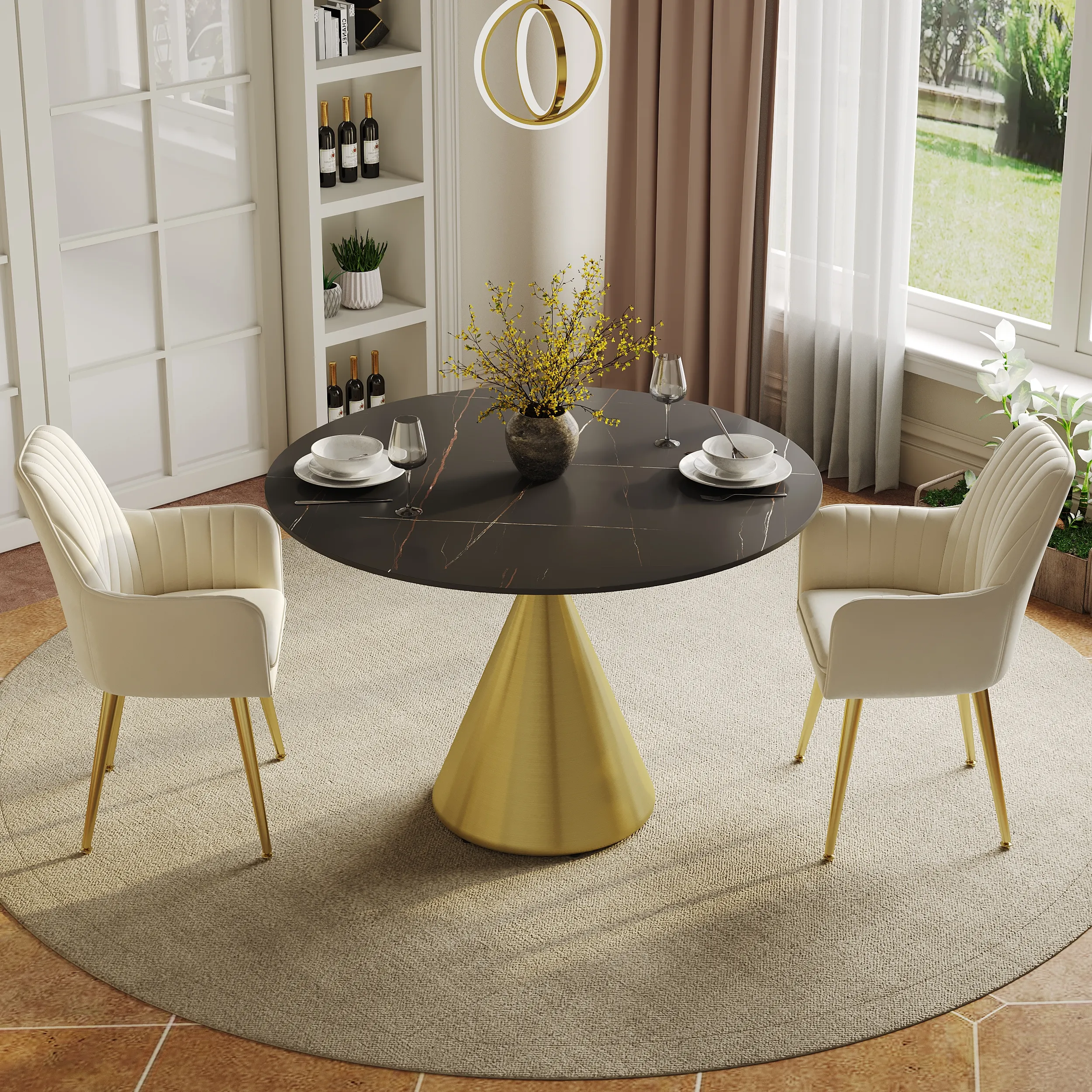 Pandora Round Dining Table Set - Faux Marble, Gold Base
