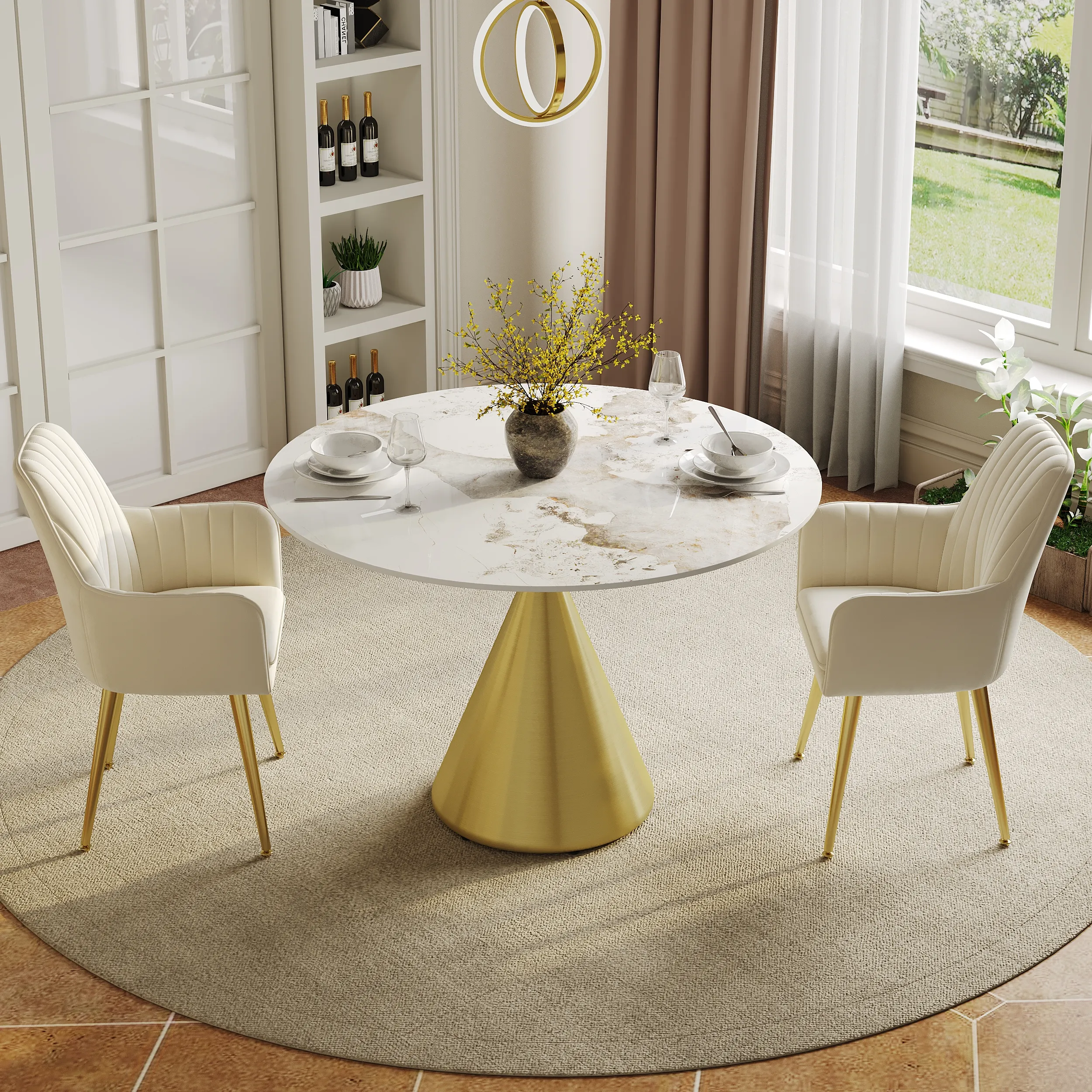 Pandora Round Dining Table Set - Faux Marble, Gold Base