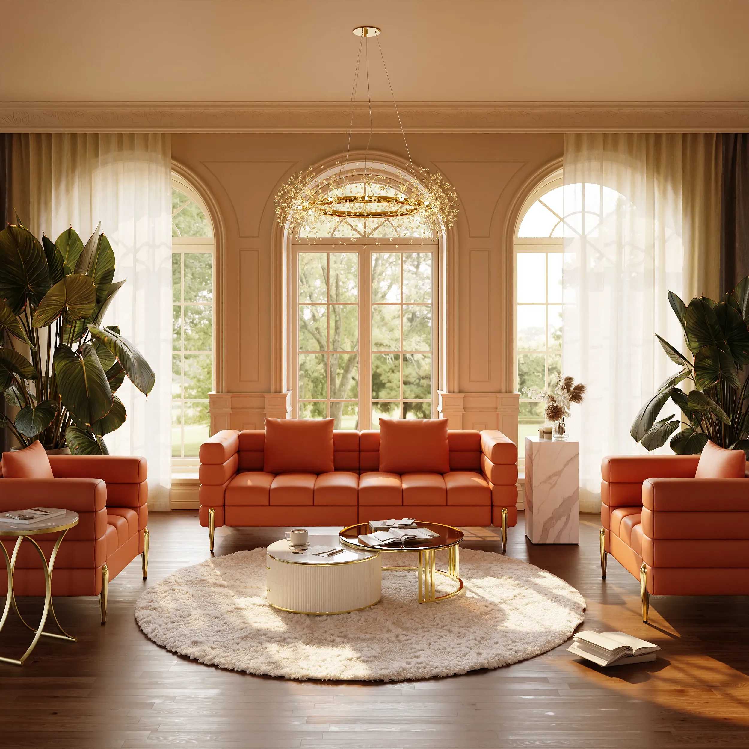 Performance Leather Fluted 3-Seater Sofa with Pillow